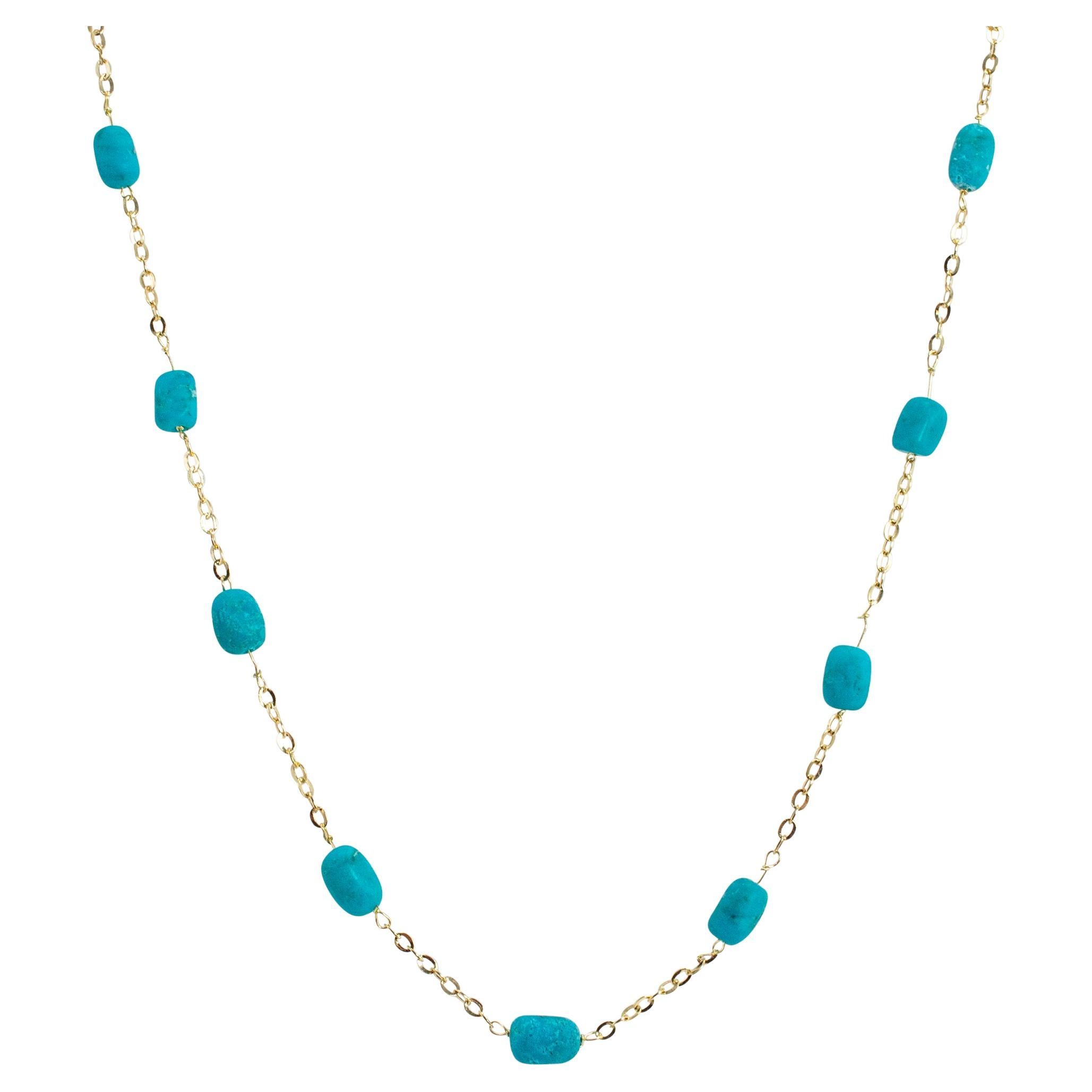 Ladies 14K Yellow Gold Turquoise Station Chain Necklace