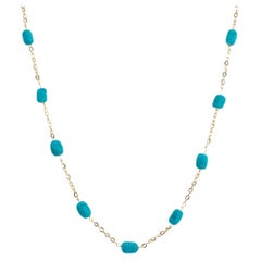 Ladies 14K Yellow Gold Turquoise Station Chain Necklace
