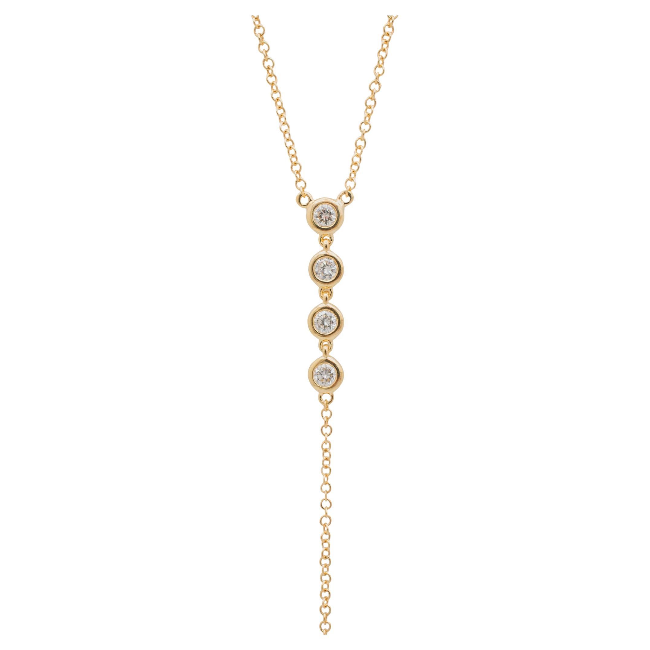 Gender: Ladies

Metal Type: 14K Yellow Gold

Length: 18.00 inches

Width: 1.15 mm

Weight: 1.97 grams

Ladies 14K yellow gold single strand collar, diamond station necklace. The metal was tested and determined to be 14K yellow gold. Engraved with