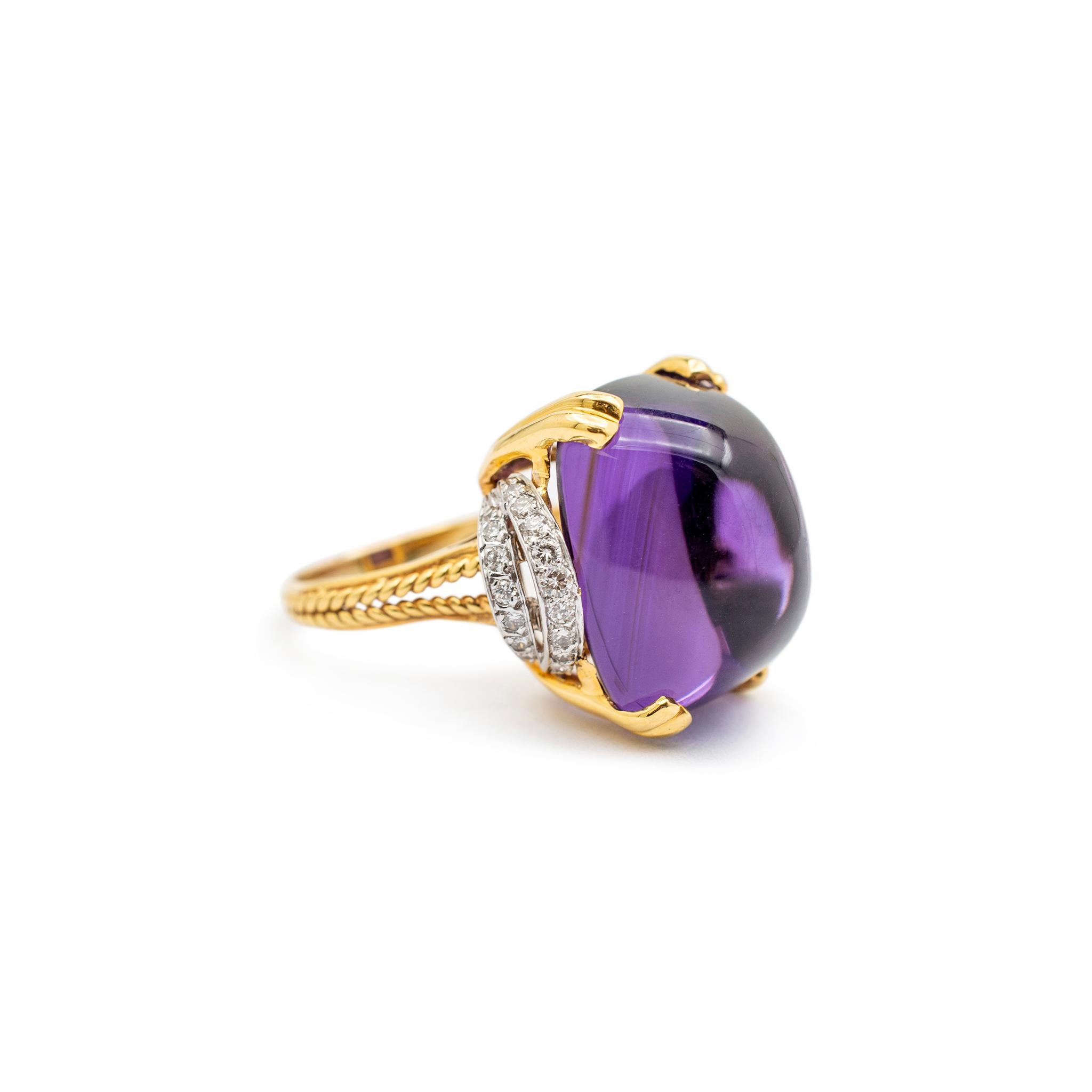 Cabochon Ladies 14K Yellow & White Gold Amethyst Diamond Cocktail Ring For Sale