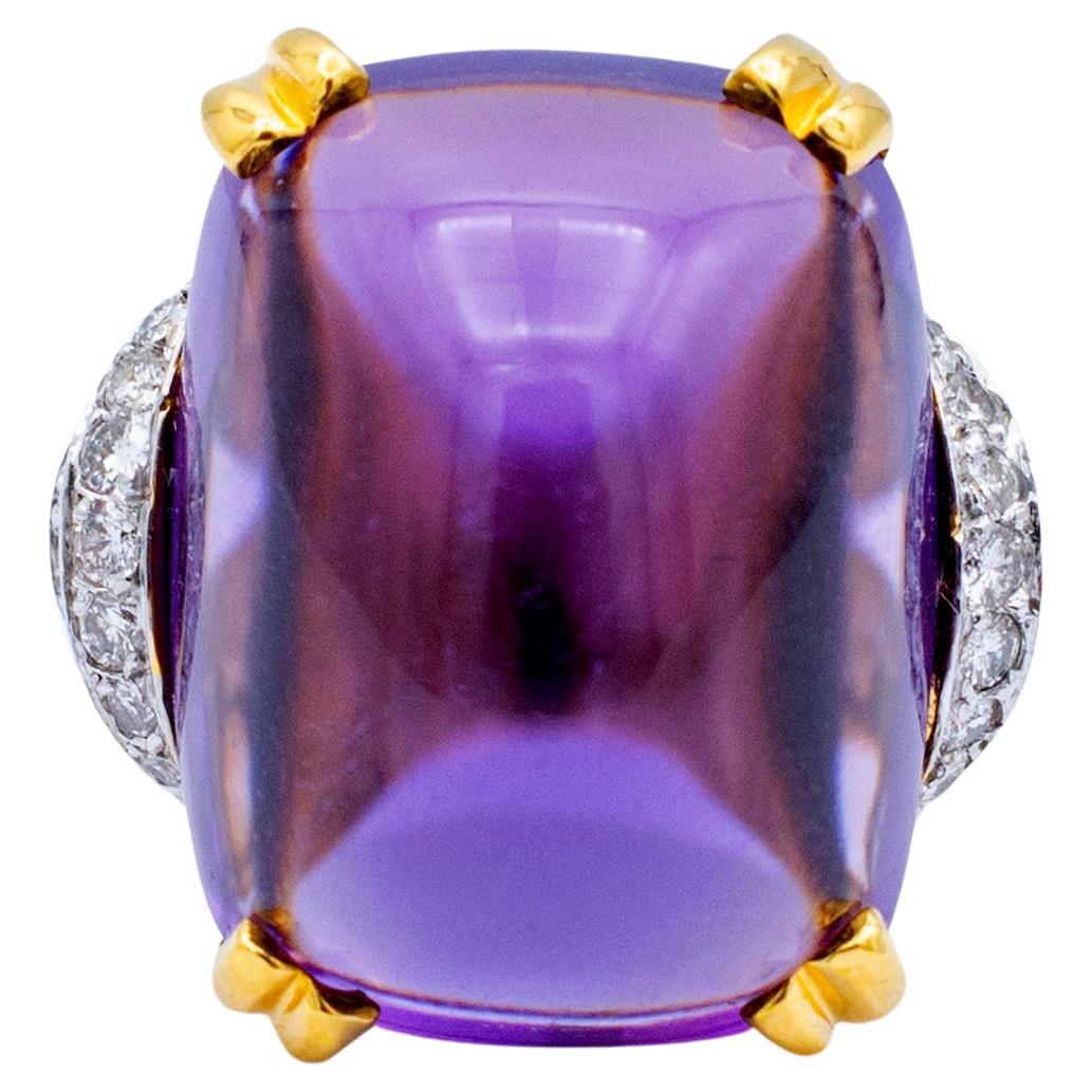 Ladies 14K Yellow & White Gold Amethyst Diamond Cocktail Ring For Sale