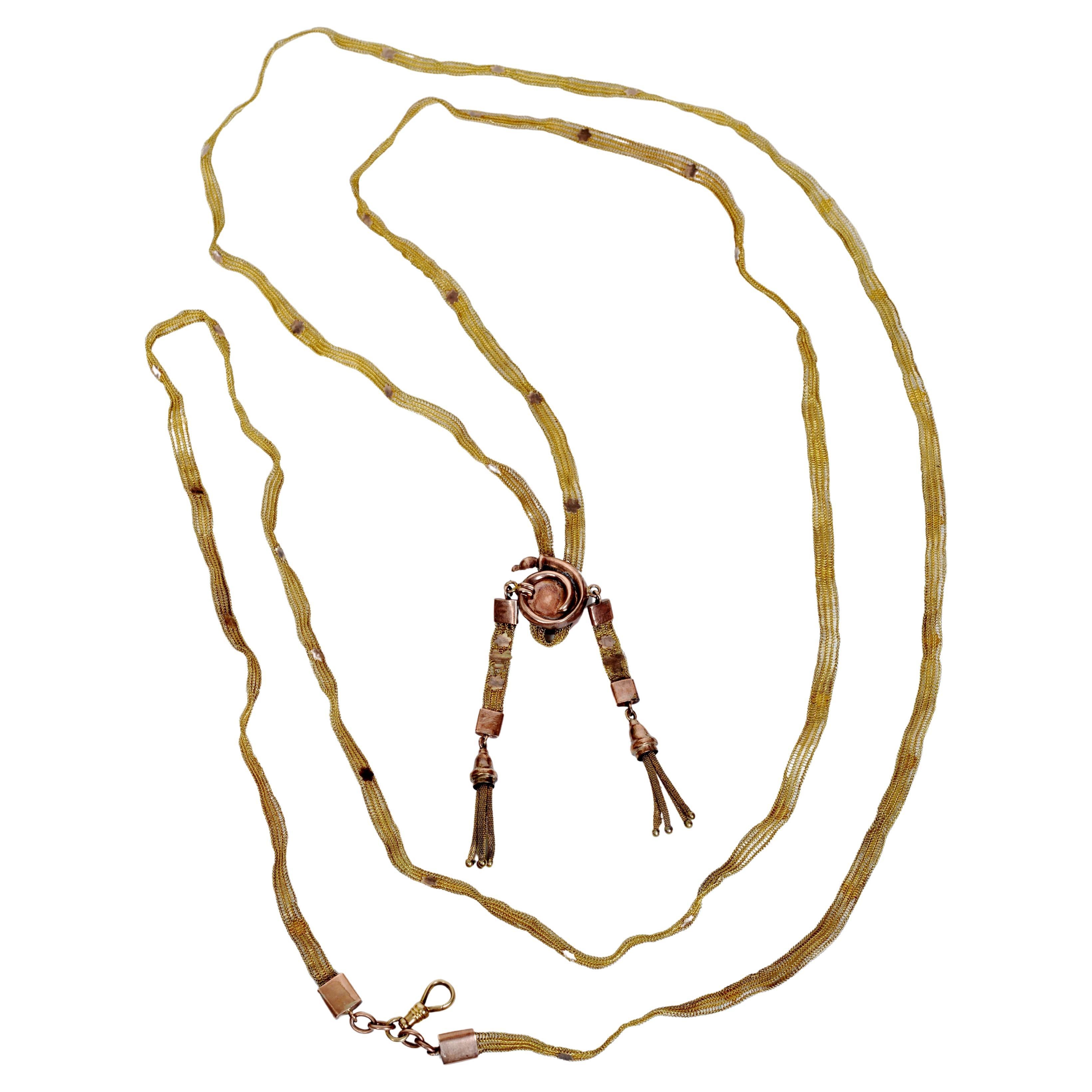 Ladies 14KT Bi-Color Gold Mesh Pocket Watch Chain or Necklace, Victorian 19th c For Sale