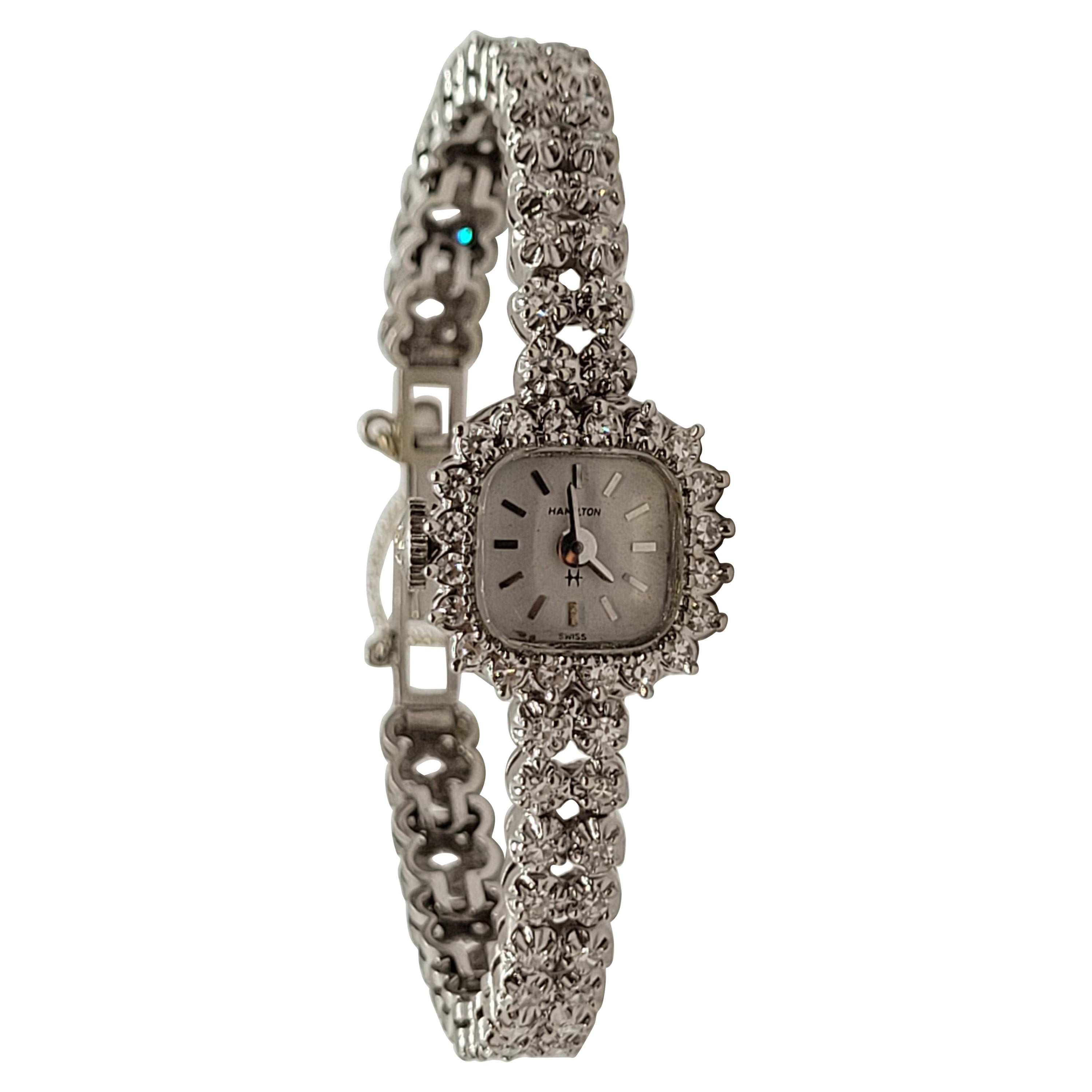 Ladies 14kt White Gold 1.00cttw Diamond Hamilton Watch 1970's, Quartz, Warranty