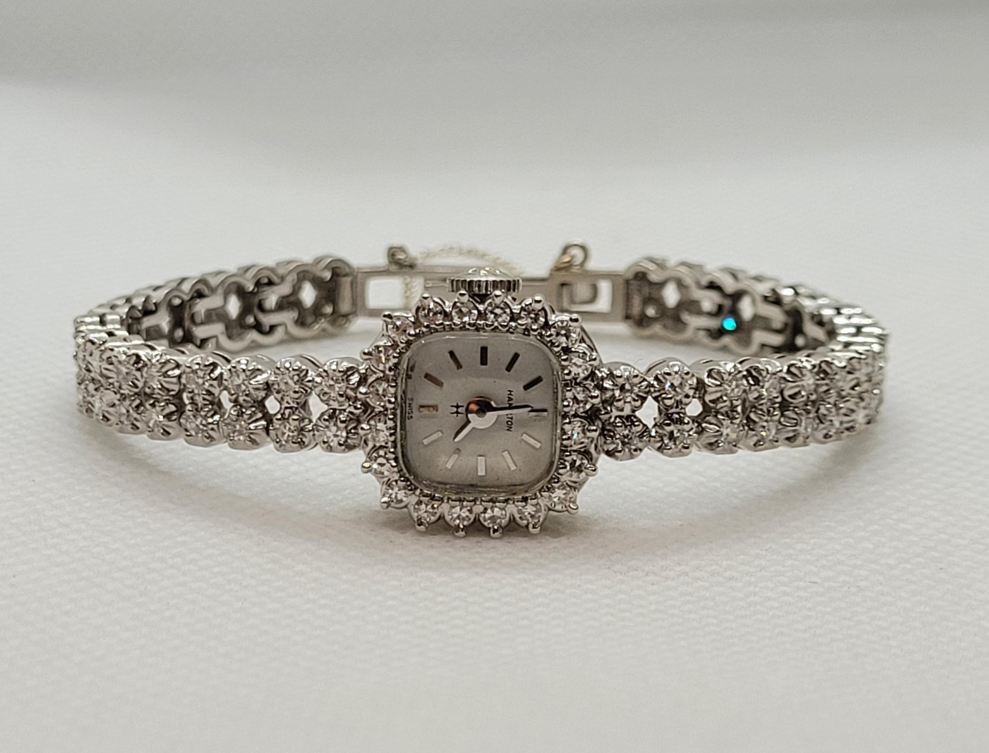 Artisan Ladies 14kt White Gold 1.00cttw Diamond Hamilton Watch 1970's, Quartz, Warranty