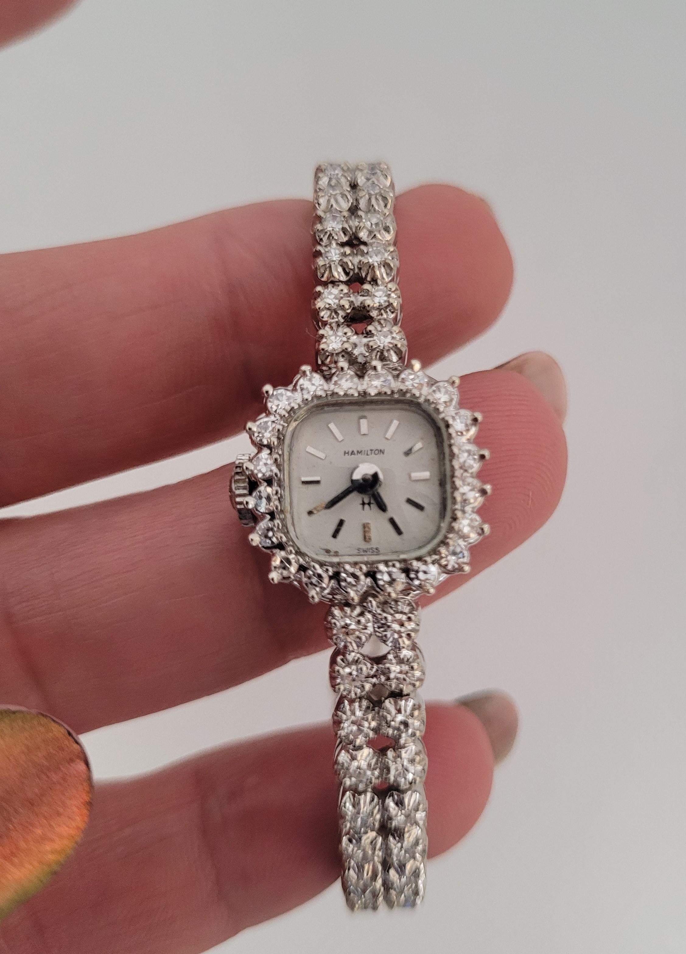 Ladies 14kt White Gold 1.00cttw Diamond Hamilton Watch 1970's, Quartz, Warranty In Good Condition In Rancho Santa Fe, CA