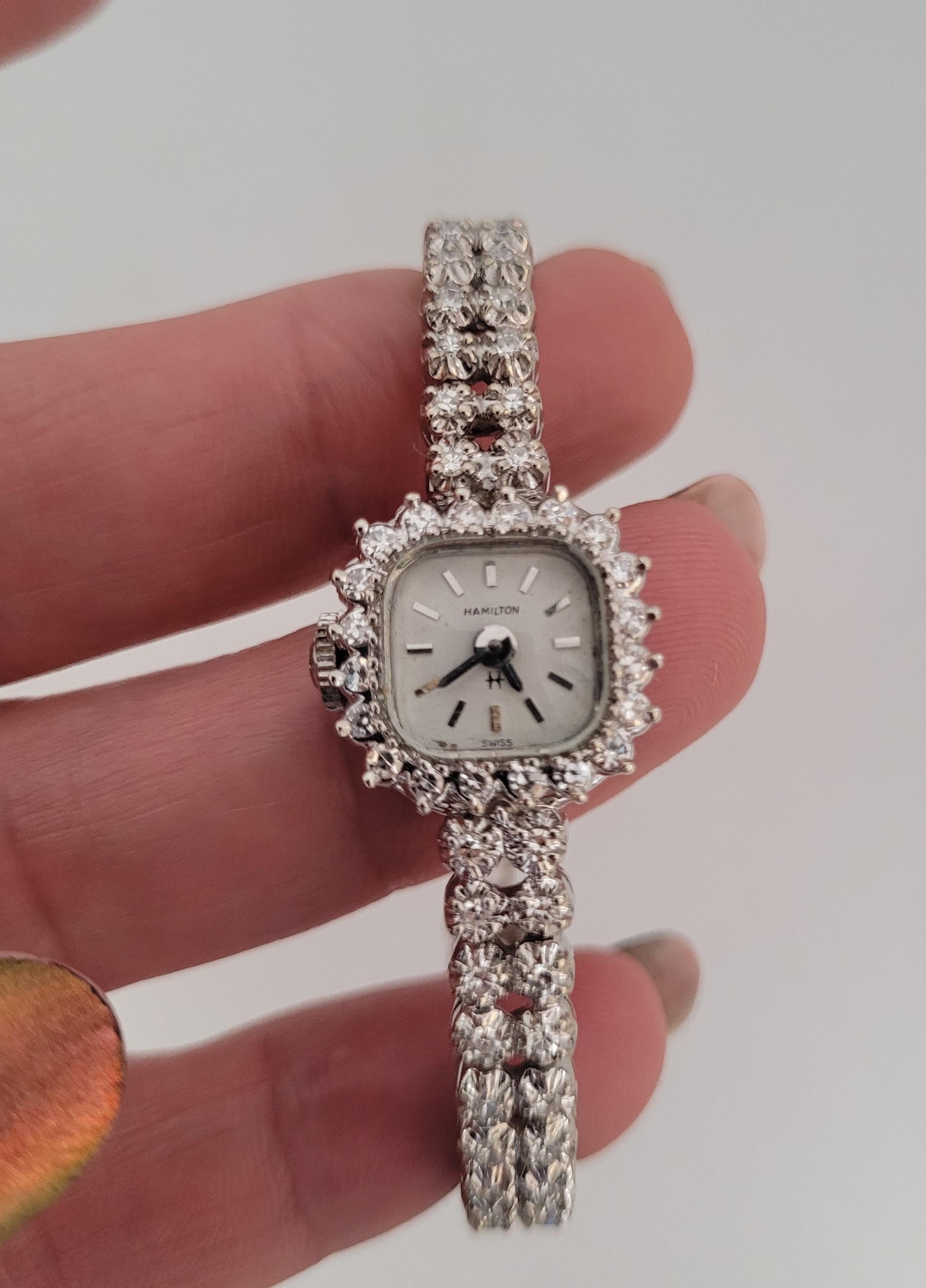 Ladies 14kt White Gold 1.00cttw Diamond Hamilton Watch 1970's, Quartz, Warranty In Good Condition In San Diego, CA
