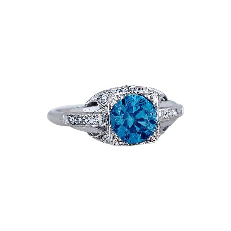 Ladies 1.5 Carat Art Deco Platinum Blue Zircon Ring