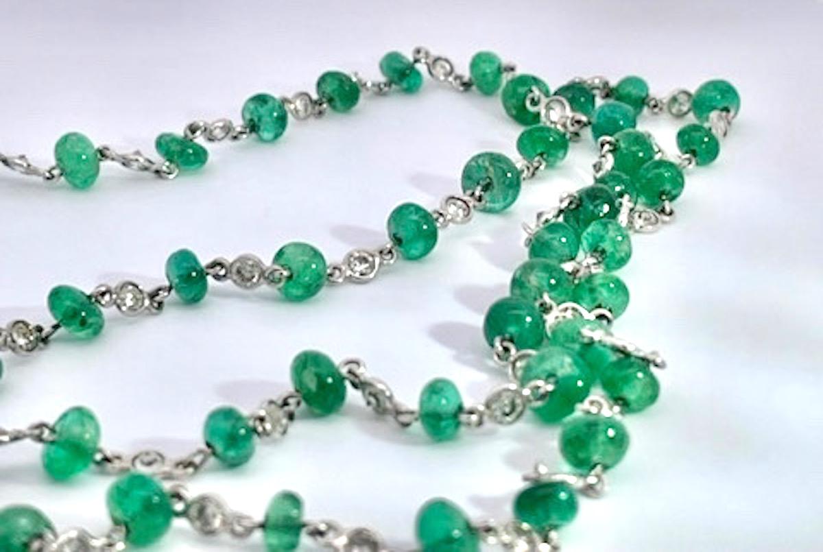 Ladies 18 Karat Diamond and Emerald Long Beaded Chain Necklace 28.32 Carat For Sale 7