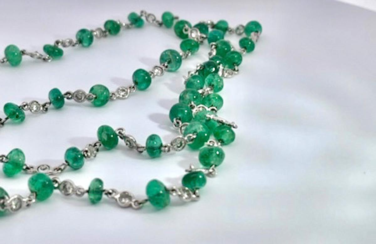 Women's Ladies 18 Karat Diamond and Emerald Long Beaded Chain Necklace 28.32 Carat For Sale