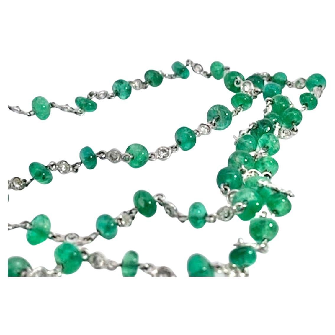 Ladies 18 Karat Diamond and Emerald Long Beaded Chain Necklace 28.32 Carat For Sale