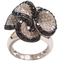 Ladies 18 Karat White Gold Black Diamonds Flower Ring