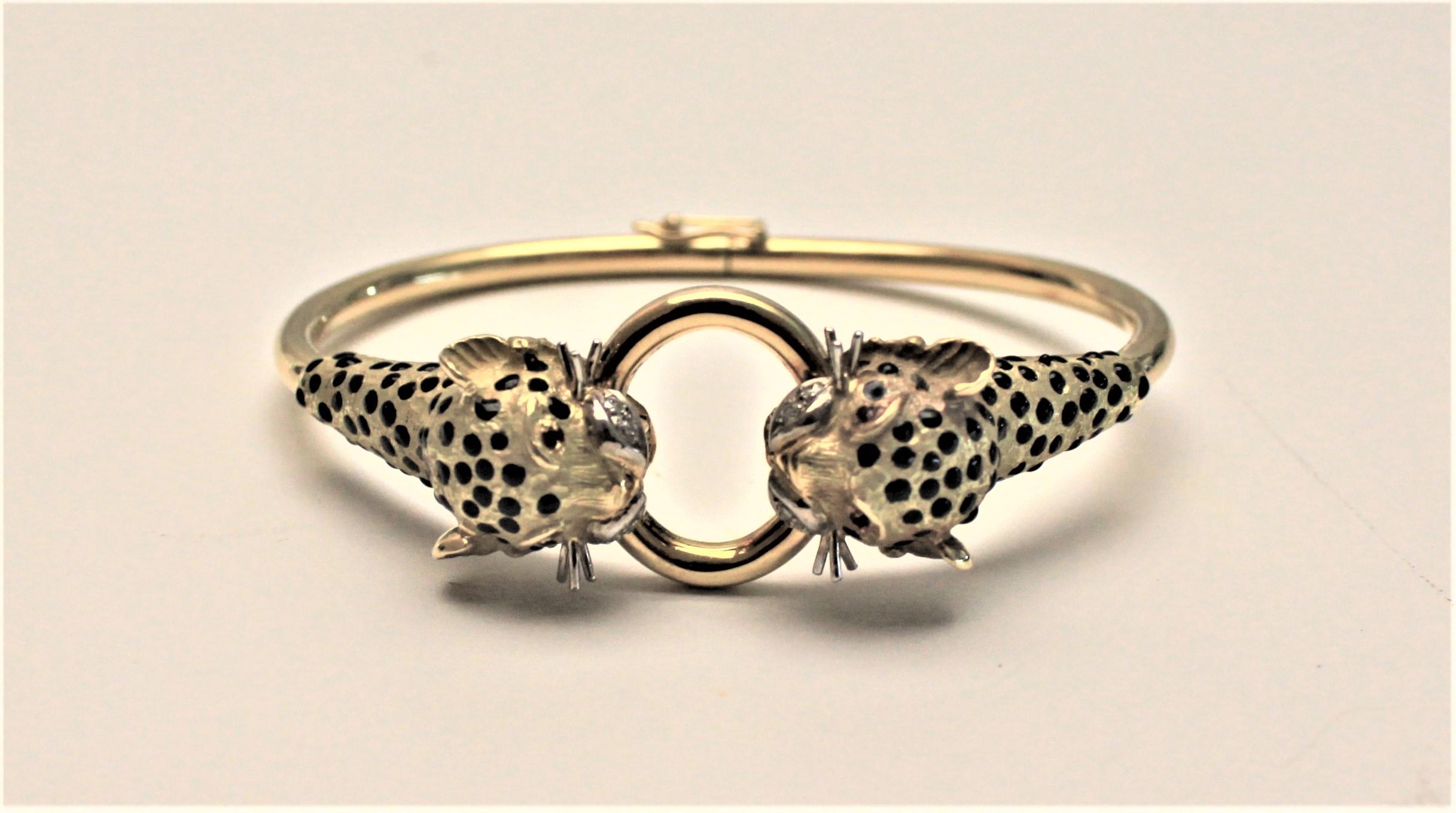 Hand-Crafted Ladies 18-Karat Yellow Gold Figural Cheetah Cuff Bracelet with Diamond Accents
