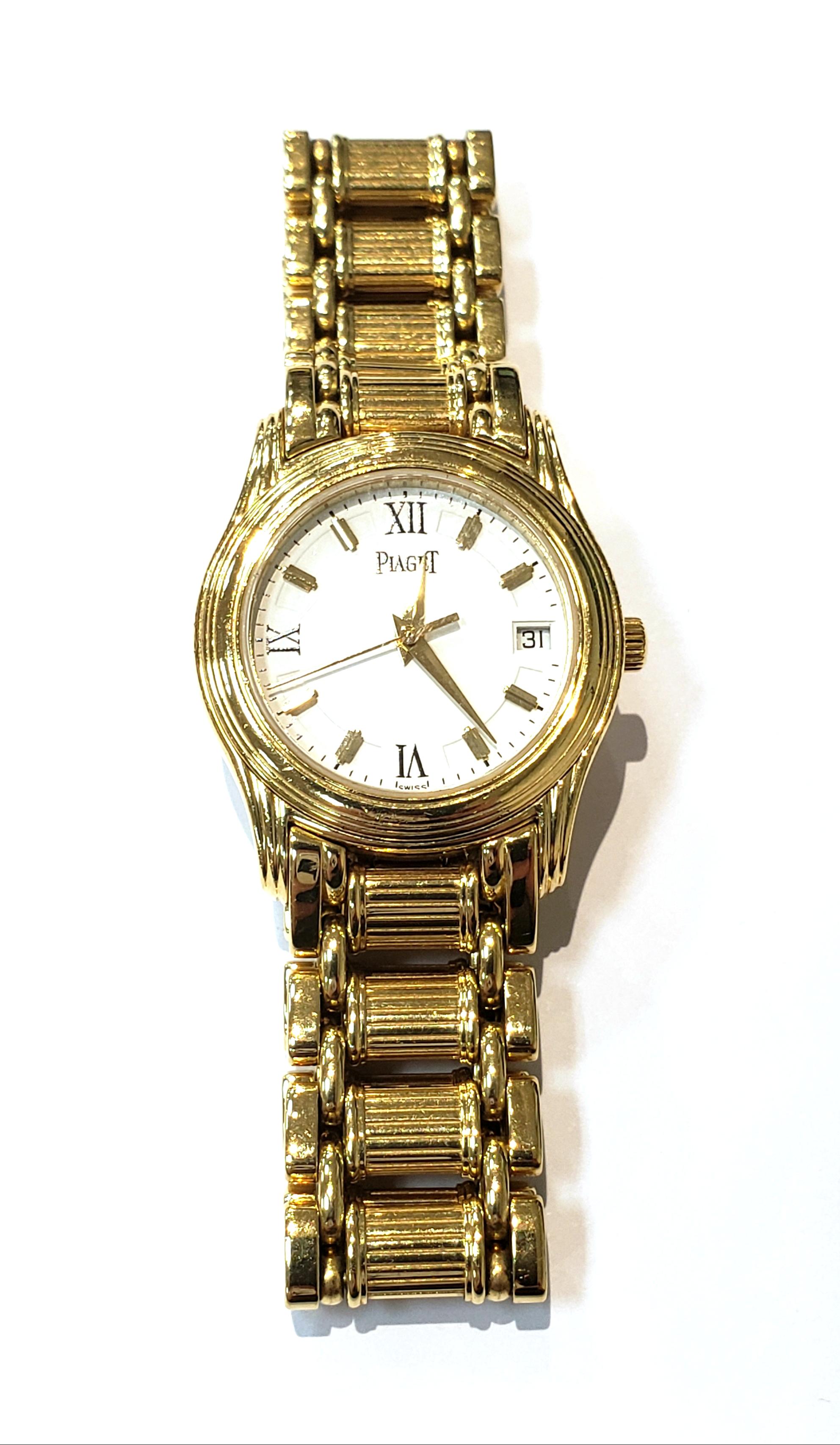 **Lower Price** Reduced From $8000 To $7500. 
Ladies' 18 Karat Yellow Gold Piaget Dancer Watch, with a quartz movement. Watch has a white matt dial with Roman numerals,
& gold markers. watch has a date indicator. Case measures 29 millimeters.