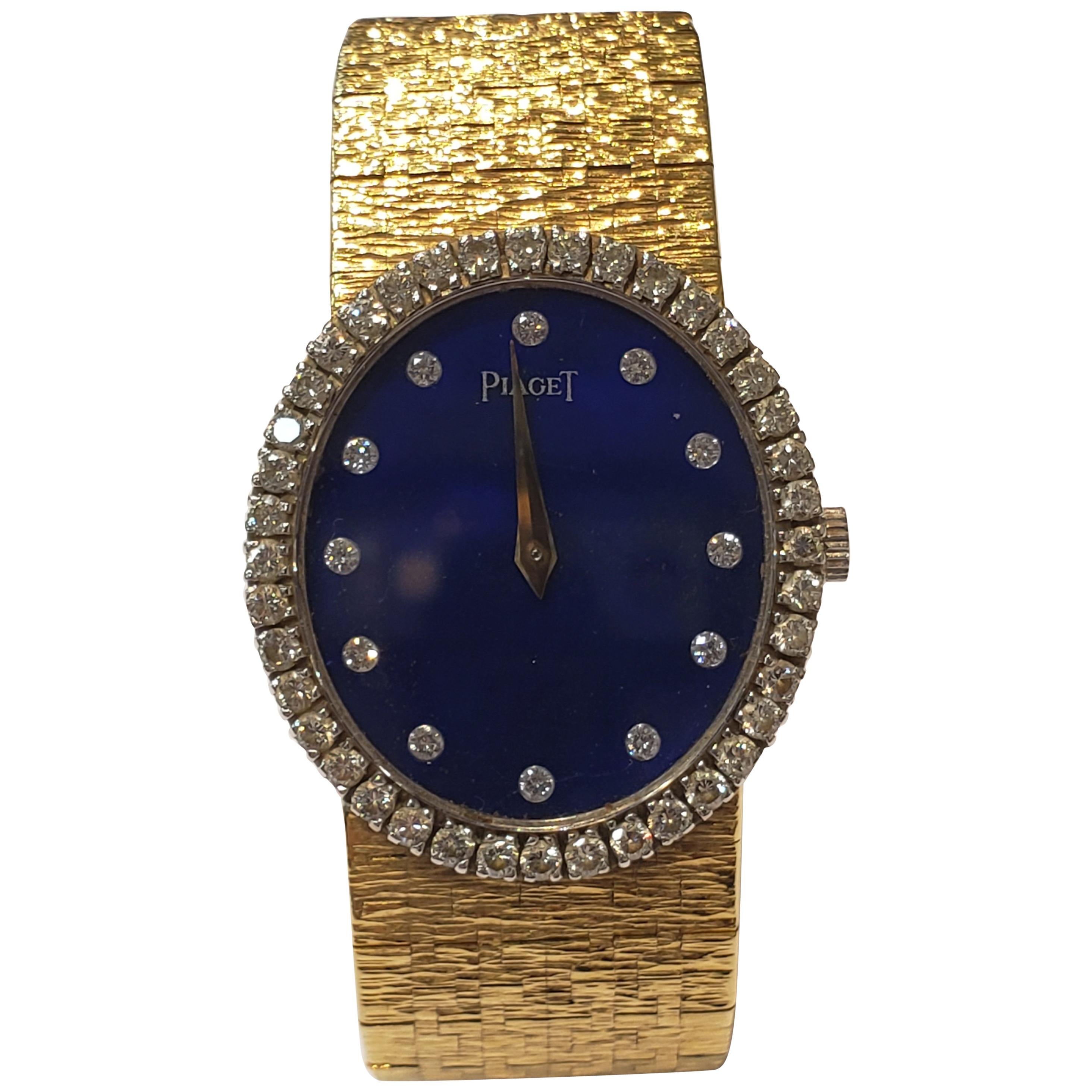 Ladies 18 Karat Yellow Gold Piaget Watch with Lapis Dial and Diamond Bezel