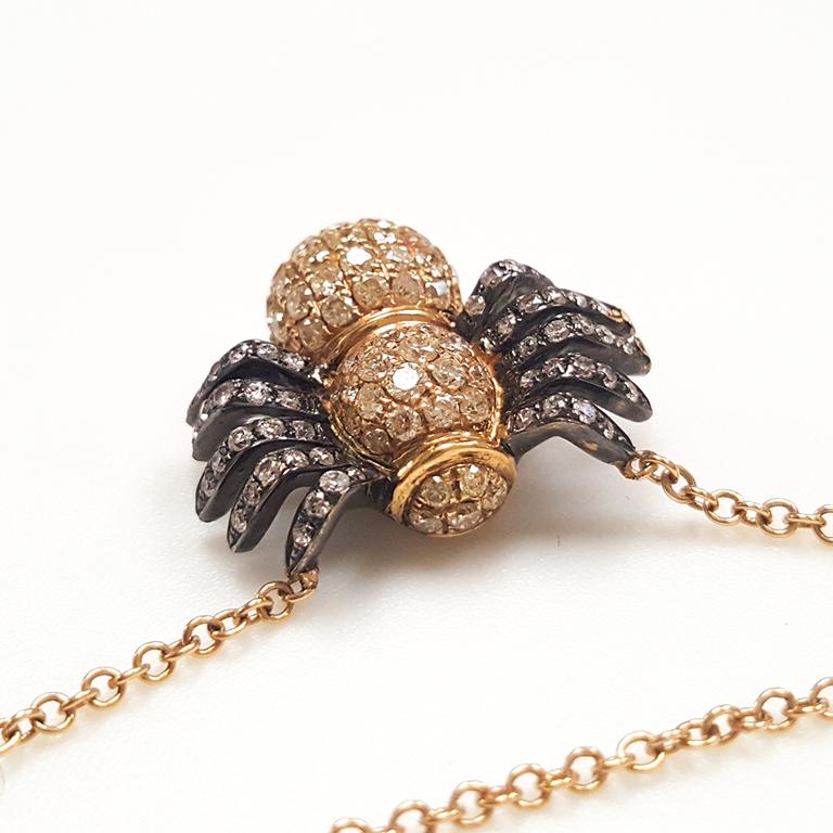Modern Ladies 18 Karat Yellow Gold Round Diamond Spider Pendant For Sale
