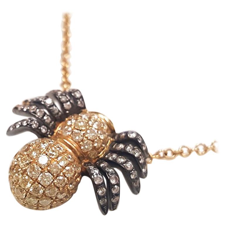 Ladies 18 Karat Yellow Gold Round Diamond Spider Pendant For Sale