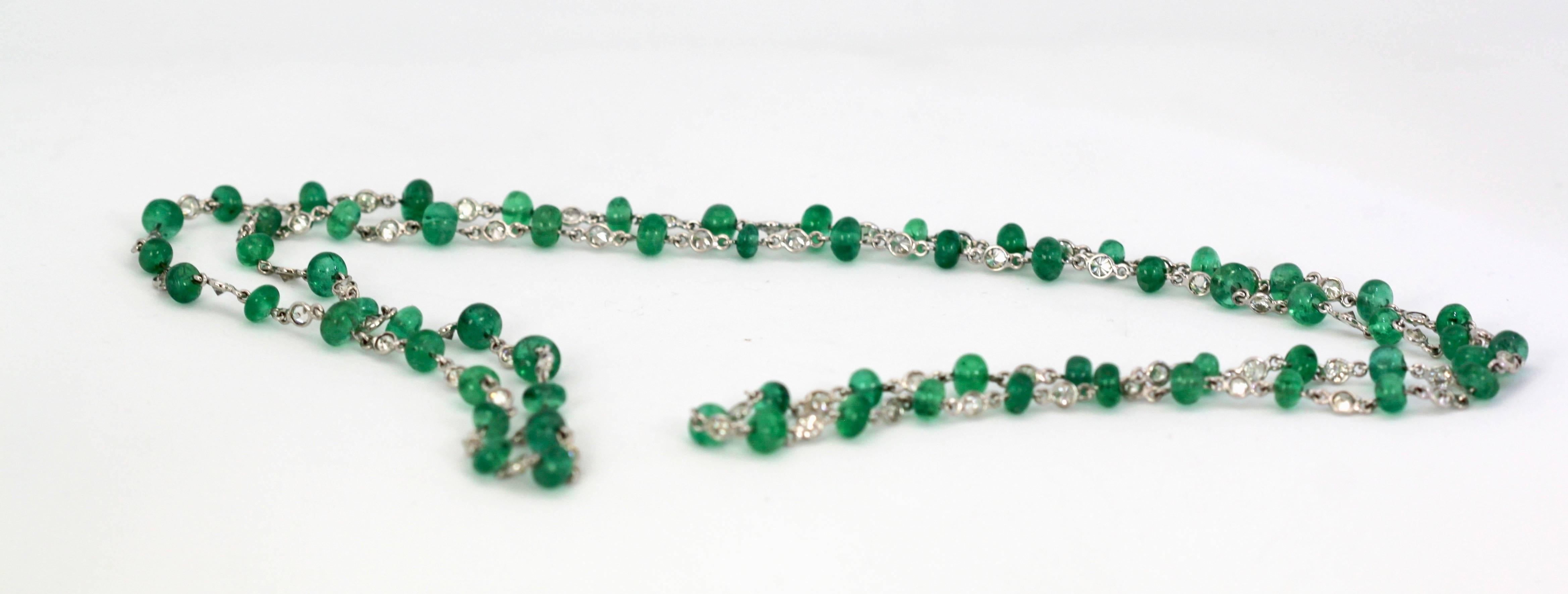 Ladies 18 Karat Diamond and Emerald Long Beaded Chain Necklace 28.32 Carat For Sale 6