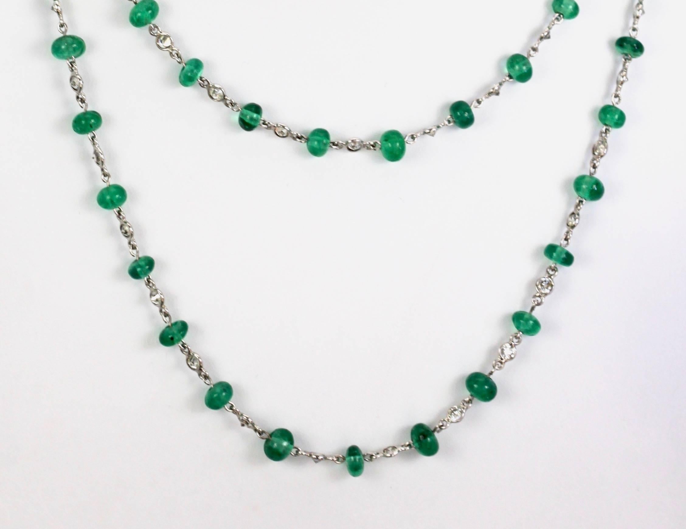 Ladies 18 Karat Diamond and Emerald Long Beaded Chain Necklace 28.32 Carat For Sale 1