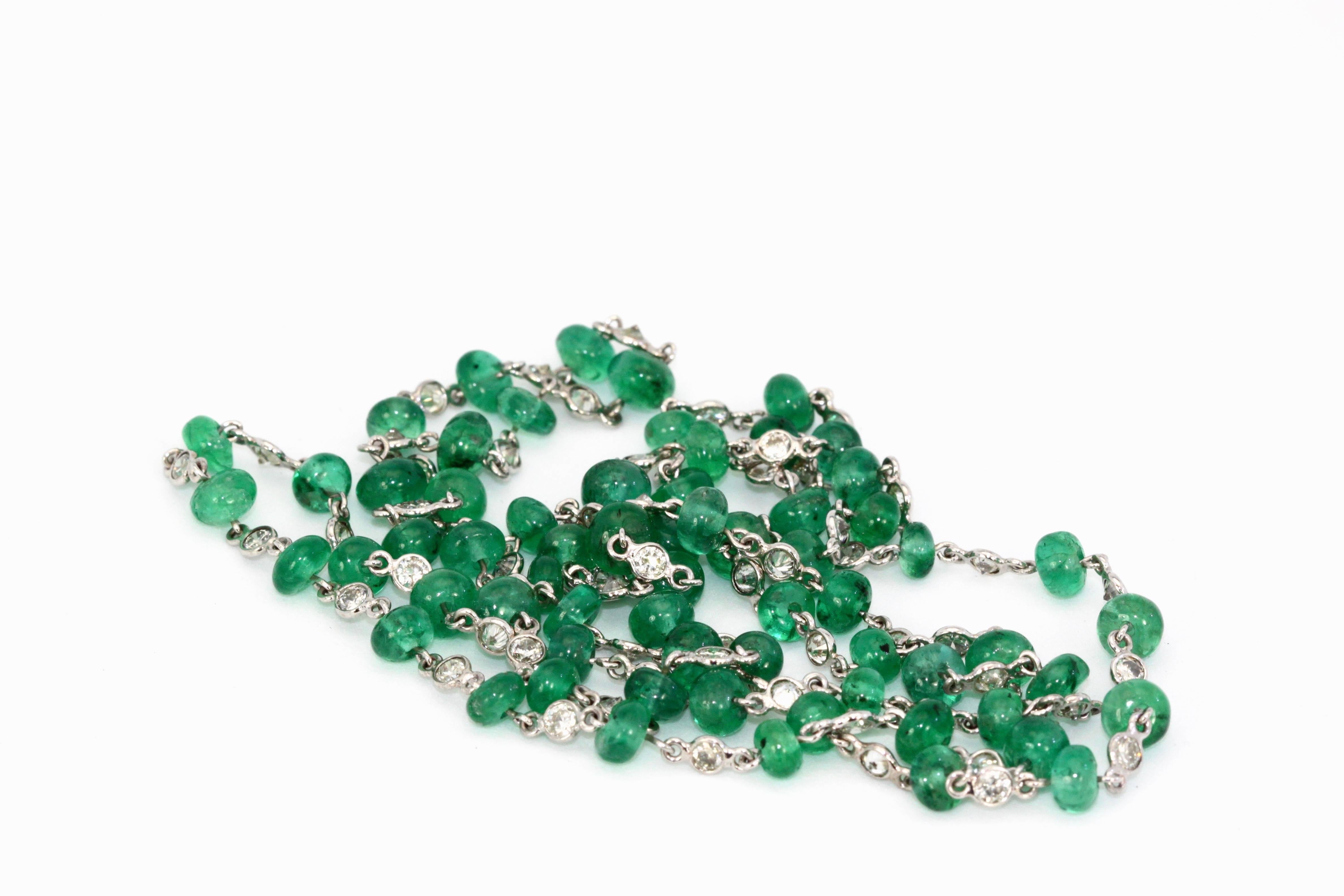 Ladies 18 Karat Diamond and Emerald Long Beaded Chain Necklace 28.32 Carat For Sale 2