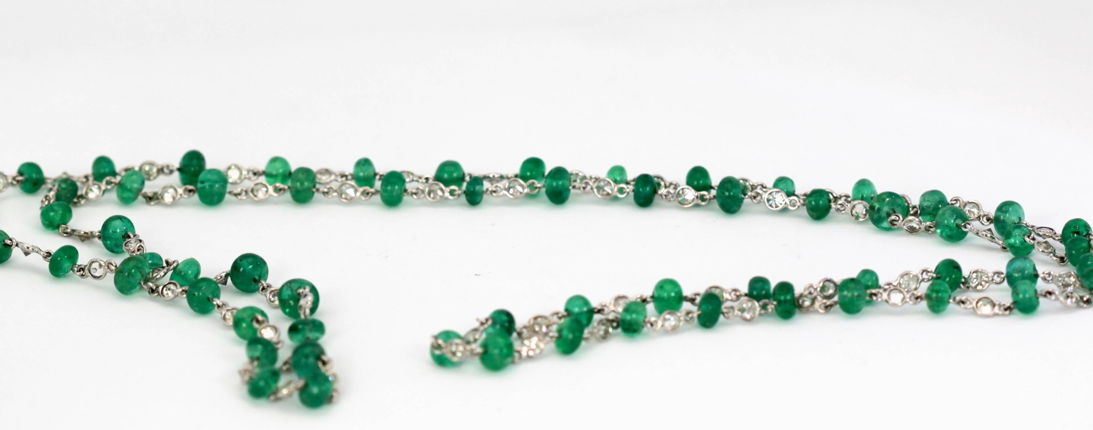 Ladies 18 Karat Diamond and Emerald Long Beaded Chain Necklace 28.32 Carat For Sale 3
