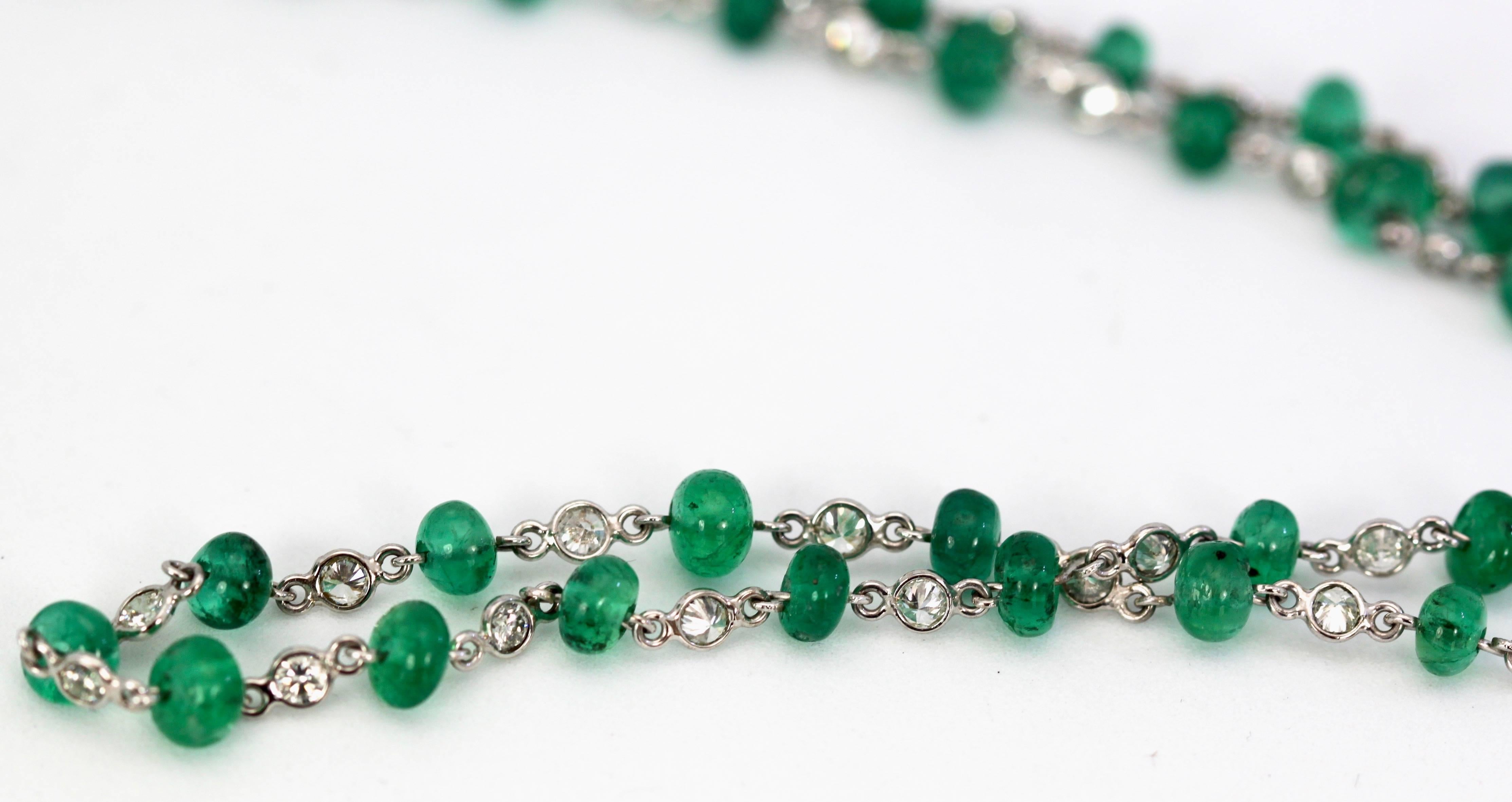 Ladies 18 Karat Diamond and Emerald Long Beaded Chain Necklace 28.32 Carat For Sale 4