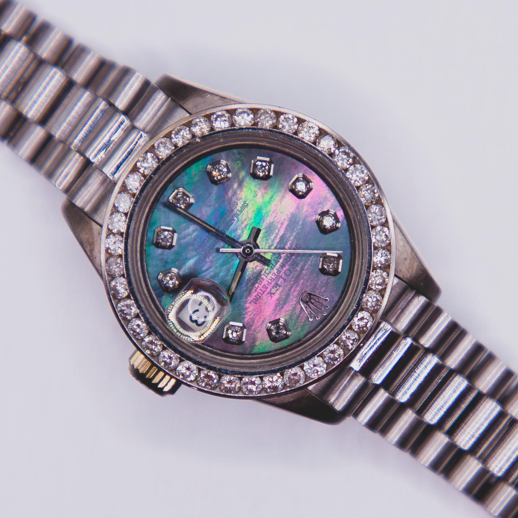Round Cut Ladies 18k Diamond Rolex President White Gold MOP Dial/ Diamond Bezel and Dial