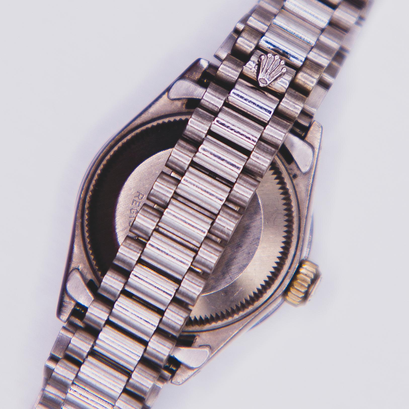 Ladies 18k Diamond Rolex President White Gold MOP Dial/ Diamond Bezel and Dial In Good Condition In Birmingham, MI