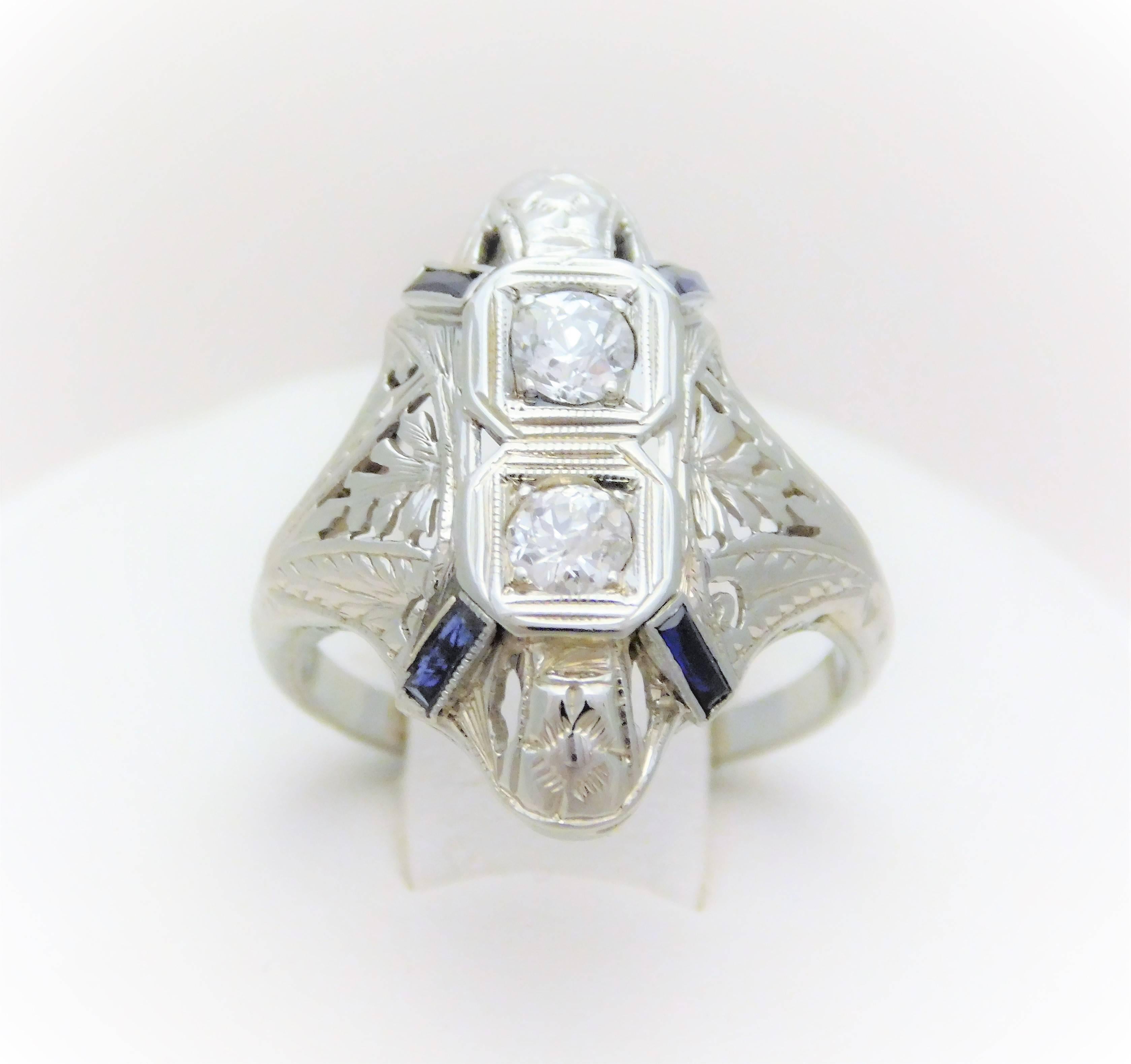 Old Mine Cut Ladies’ 18k Late Victorian “Shield Ring” with Sapphires and Old Mine-cut Diamond For Sale