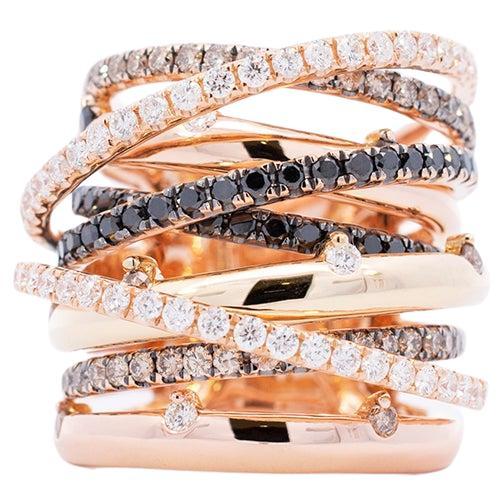 Ladies 18k Rose Gold 3.87ct of White Black and Chocolate Diamonds Crossover Ring For Sale