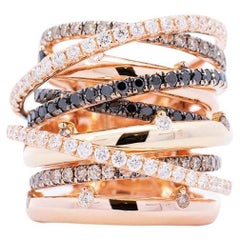 Bague croisée en or rose 18 carats avec diamants blancs, noirs et chocolat de 3,87 carats pour femmes
