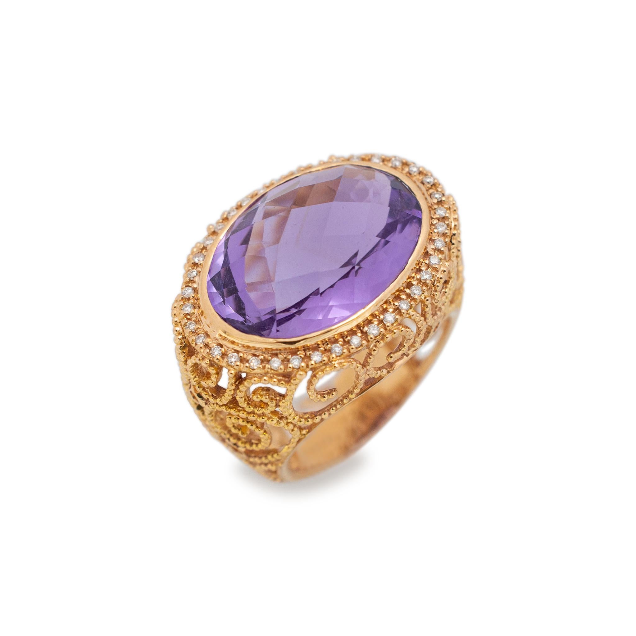 Gender: Ladies

Metal Type: 18K Rose Gold

Ring Size: 6.5

Shank Width: 17.90 mm tapering to 6.30 mm 

Total weight: 10.90 grams

Ladies 18K rose gold diamond and amethyst cocktail halo ring with a tapered shank. Stamped 