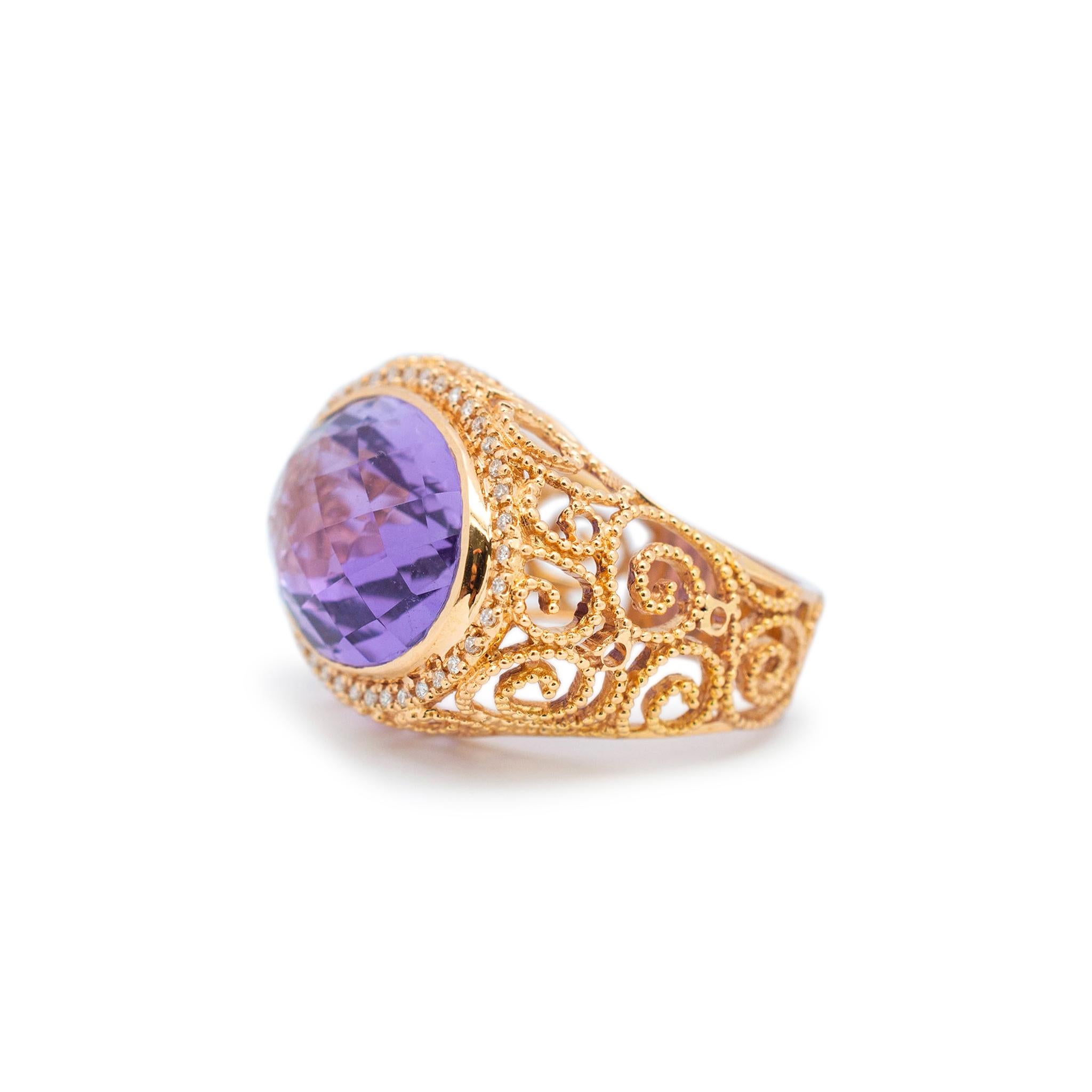 Pear Cut Ladies 18K Rose Gold Amethyst Halo Diamond Cocktail Ring For Sale