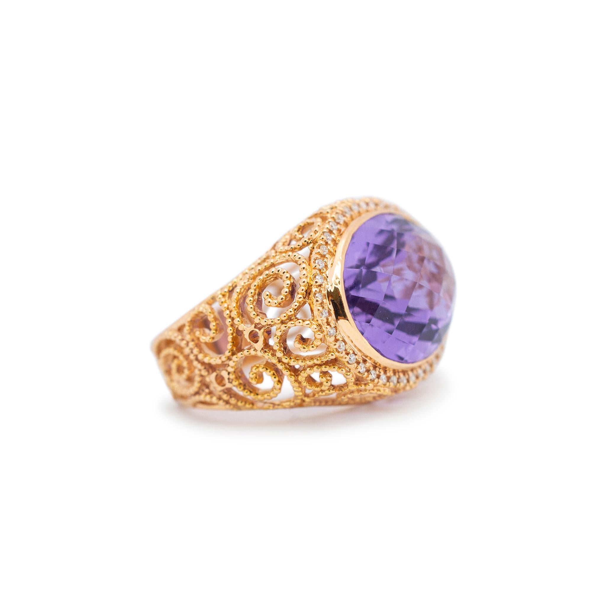 Ladies 18K Rose Gold Amethyst Halo Diamond Cocktail Ring In Excellent Condition For Sale In Houston, TX