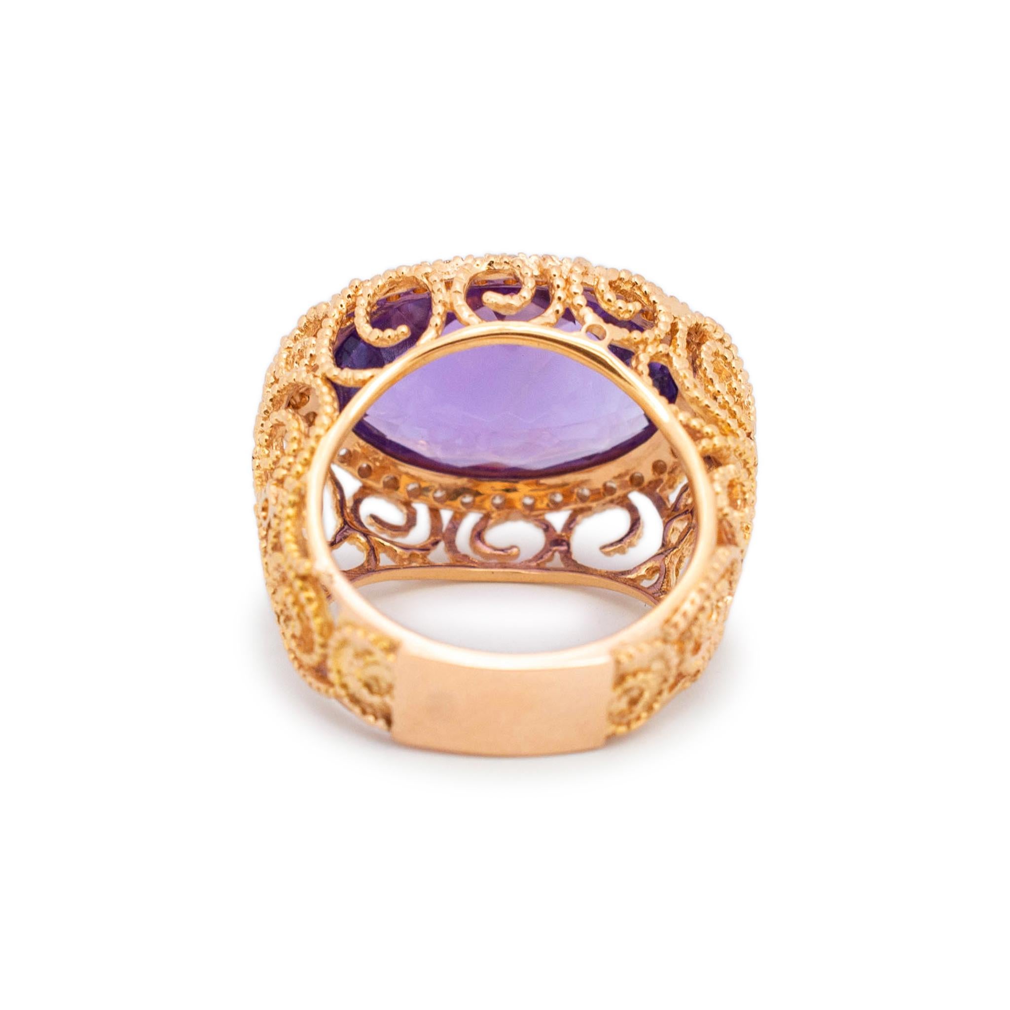 Women's Ladies 18K Rose Gold Amethyst Halo Diamond Cocktail Ring For Sale