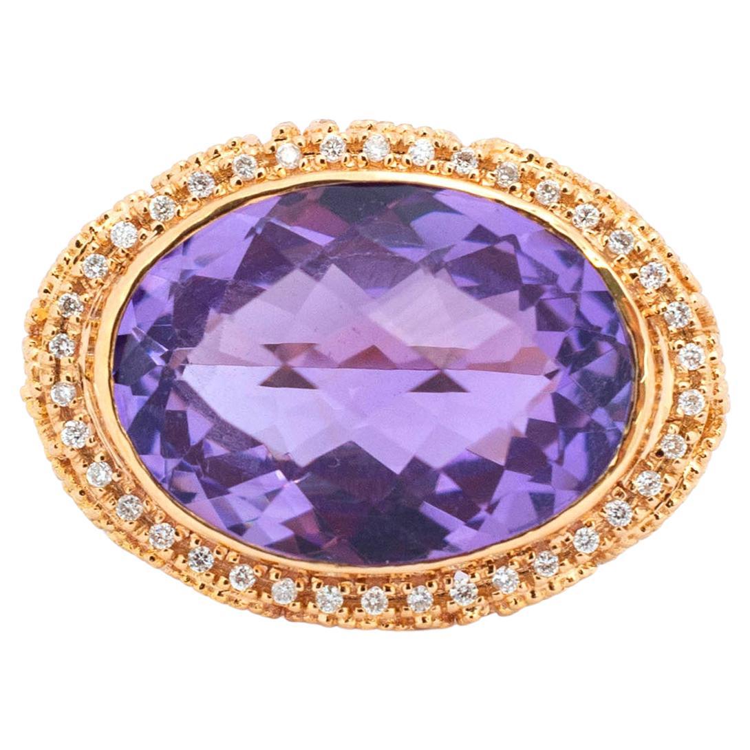 Ladies 18K Rose Gold Amethyst Halo Diamond Cocktail Ring For Sale