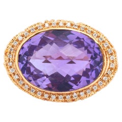 Ladies 18K Rose Gold Amethyst Halo Diamond Cocktail Ring