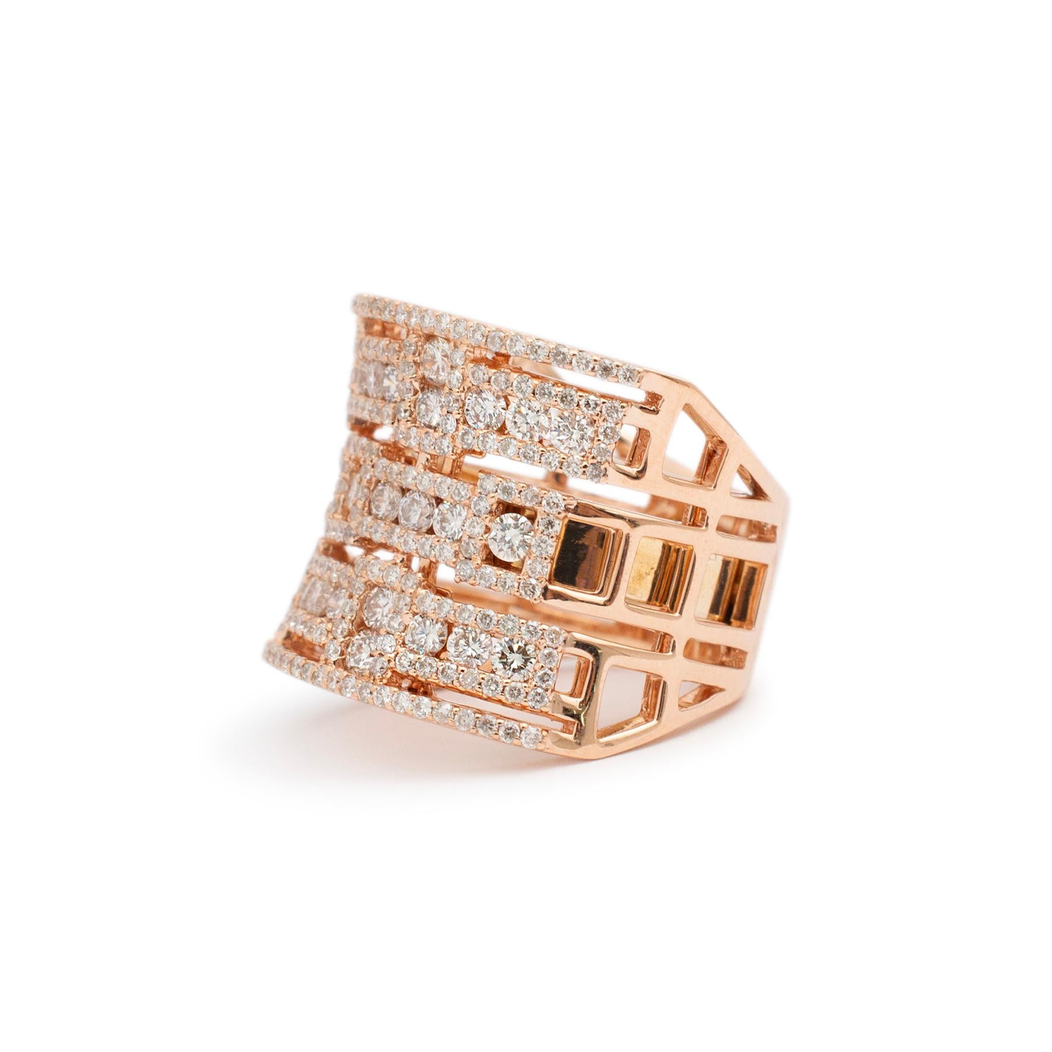 Brilliant Cut Ladies 18K Rose Gold Three Row Cluster Diamond Cocktail Ring For Sale