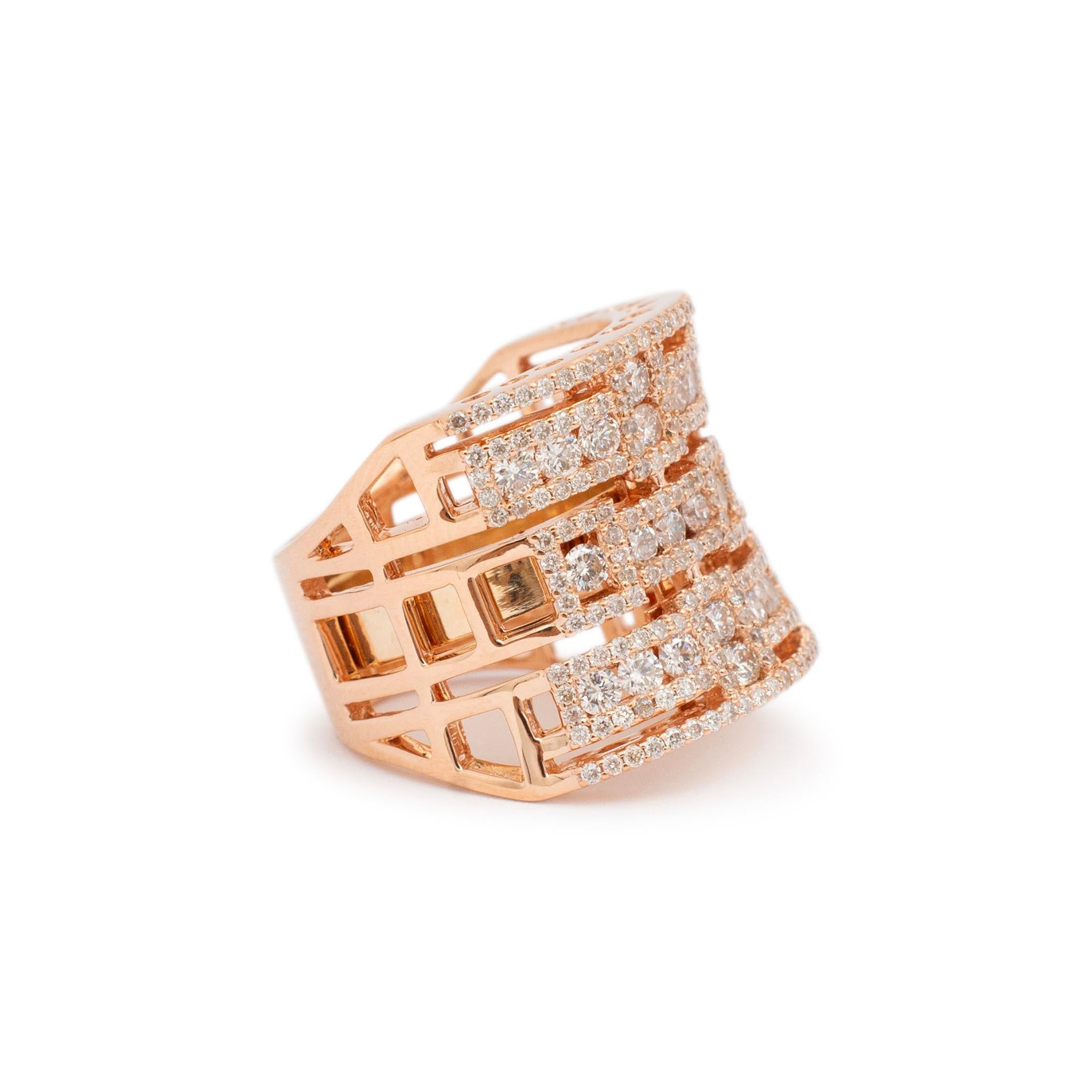 Ladies 18K Rose Gold Three Row Cluster Diamond Cocktail Ring In Excellent Condition For Sale In Houston, TX