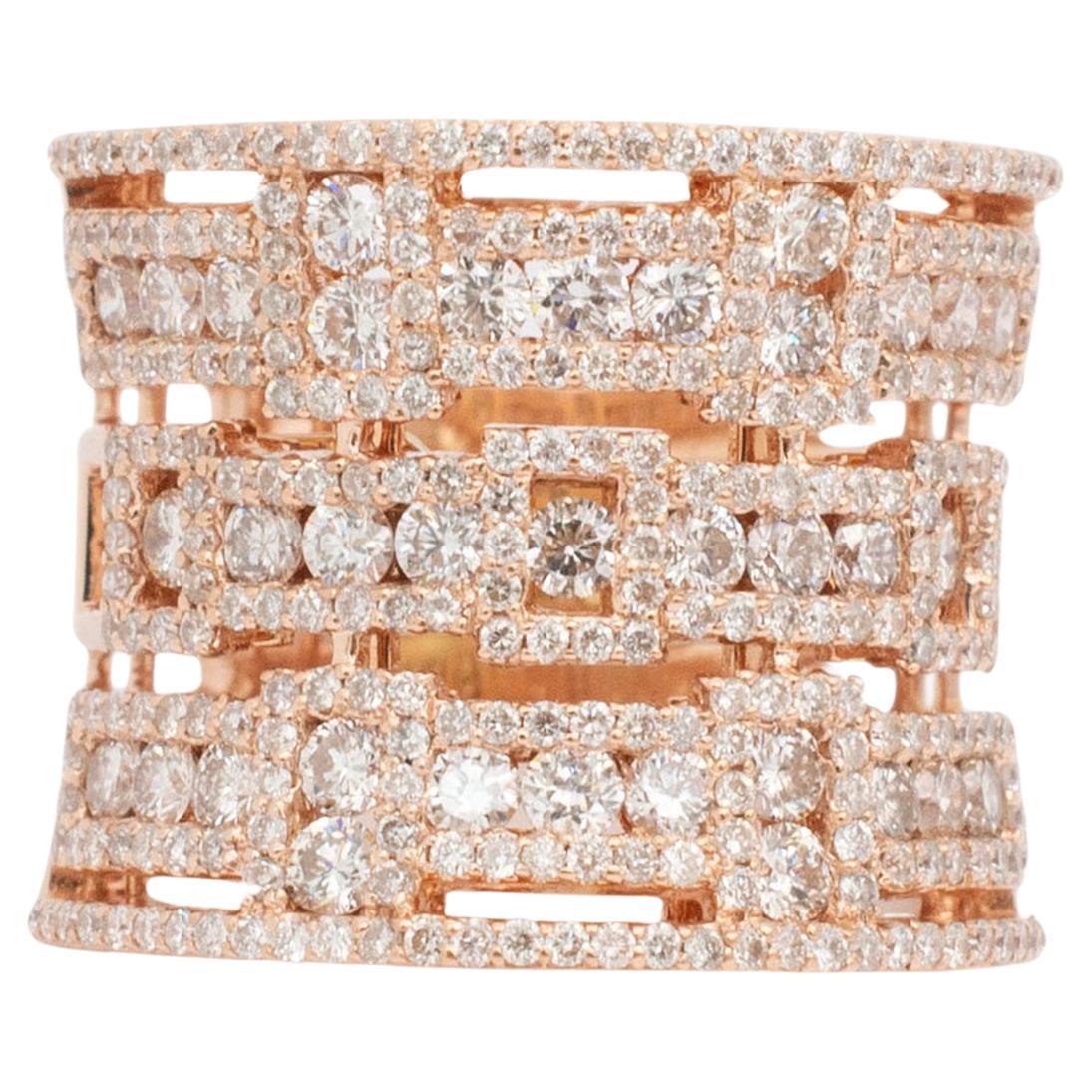 Ladies 18K Rose Gold Three Row Cluster Diamond Cocktail Ring For Sale
