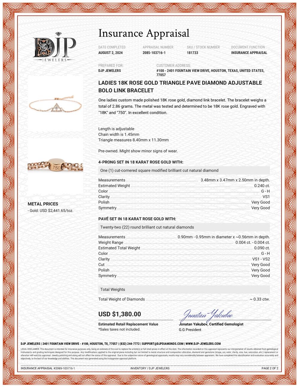 Ladies 18K Rose Gold Triangle Pave Diamond Verstellbares Bolo Link Armbänder 2