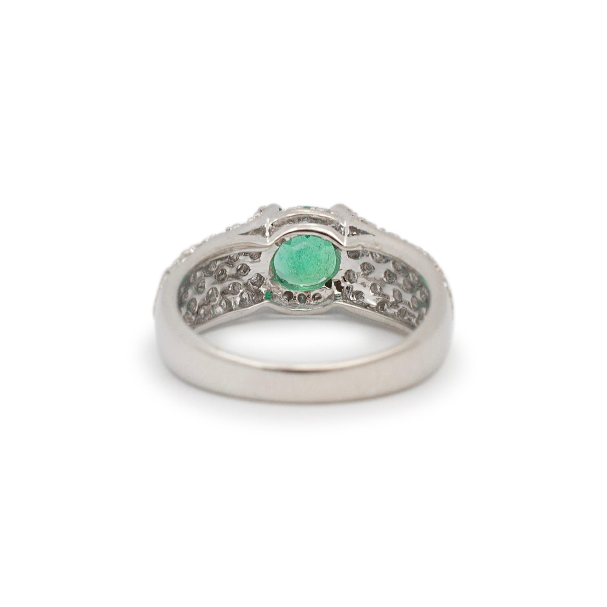 Women's Ladies 18K White Gold 1.28CT. Emerald Pave Diamond Cocktail Ring For Sale