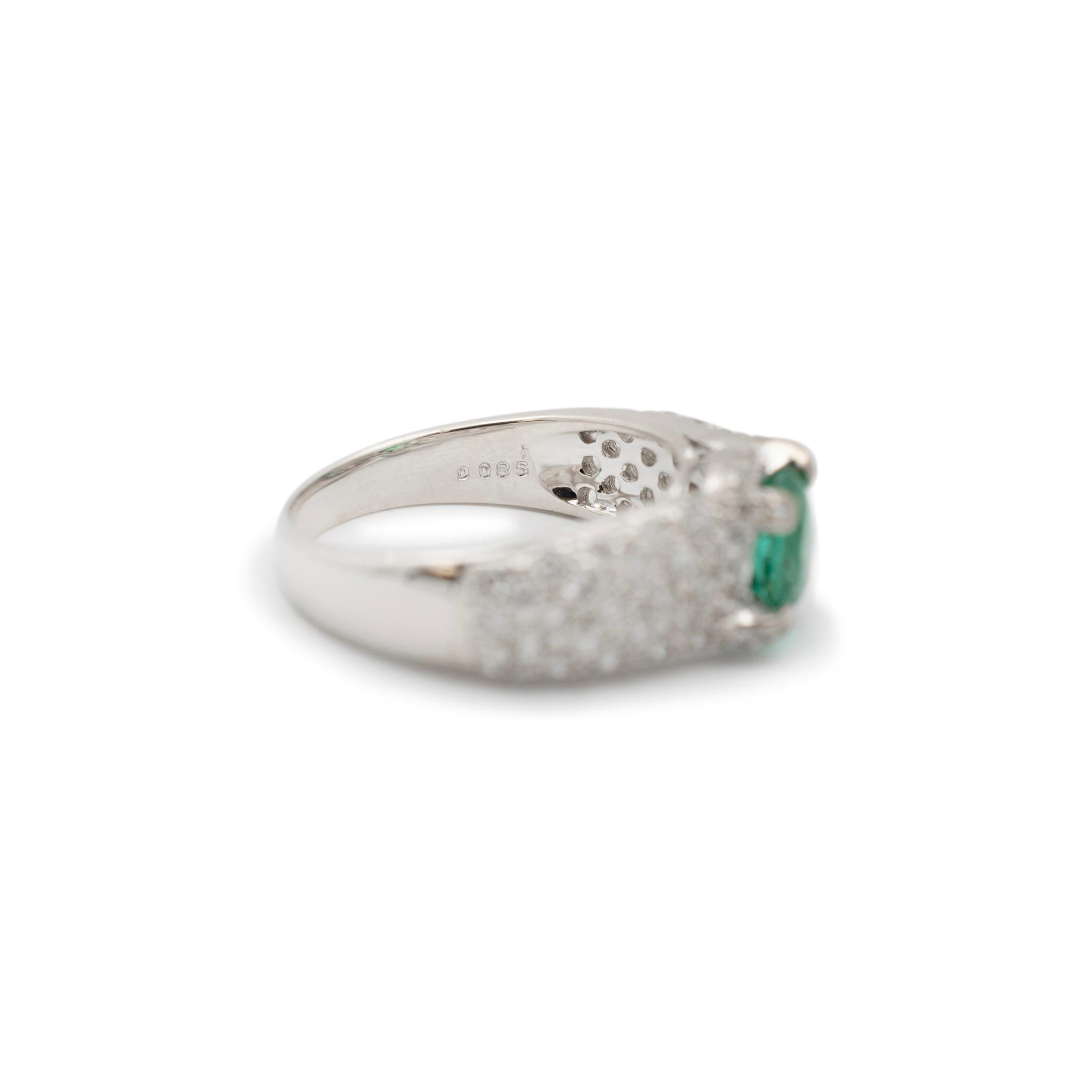 Ladies 18K White Gold 1.28CT. Emerald Pave Diamond Cocktail Ring For Sale 1