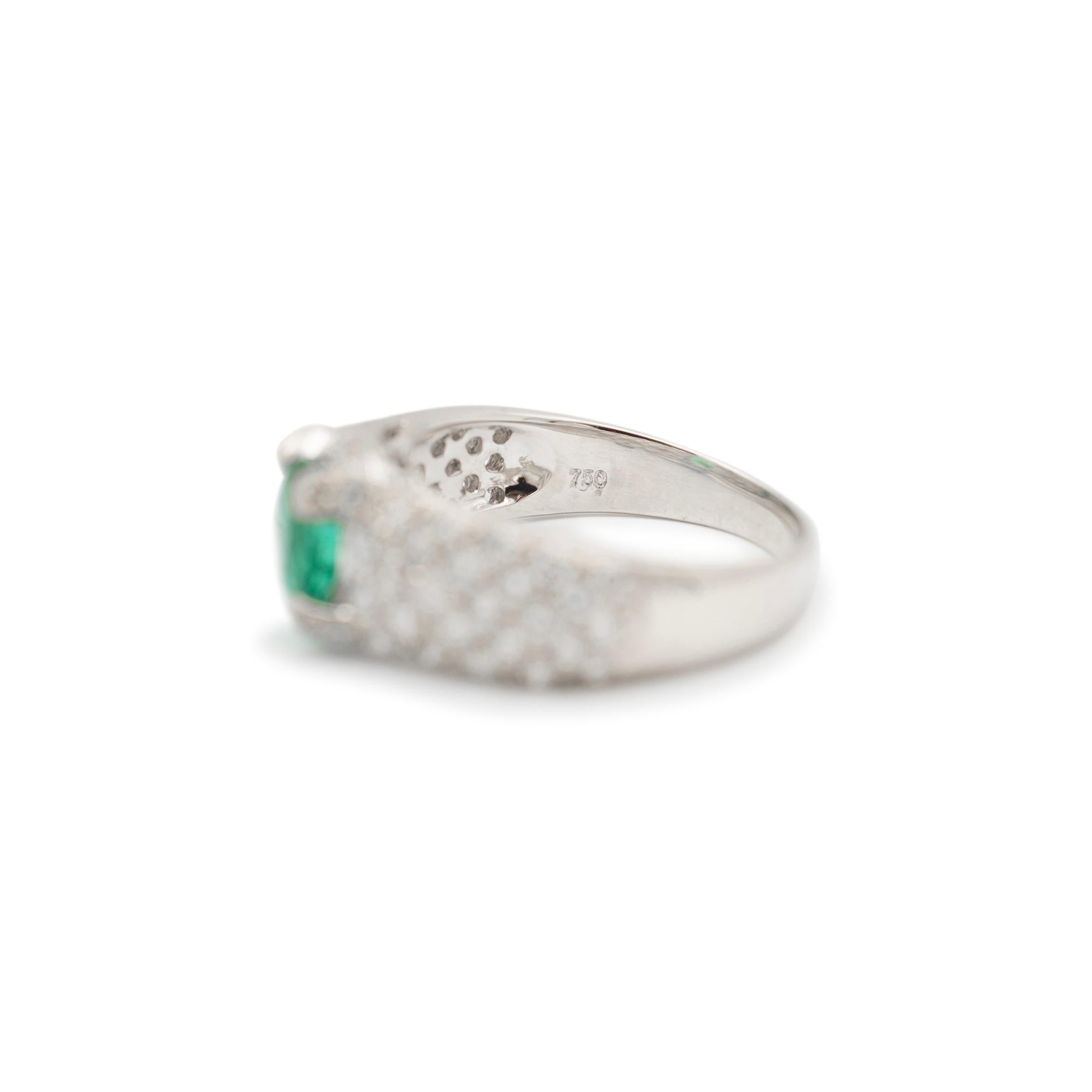Ladies 18K White Gold 1.28CT. Emerald Pave Diamond Cocktail Ring For Sale 2