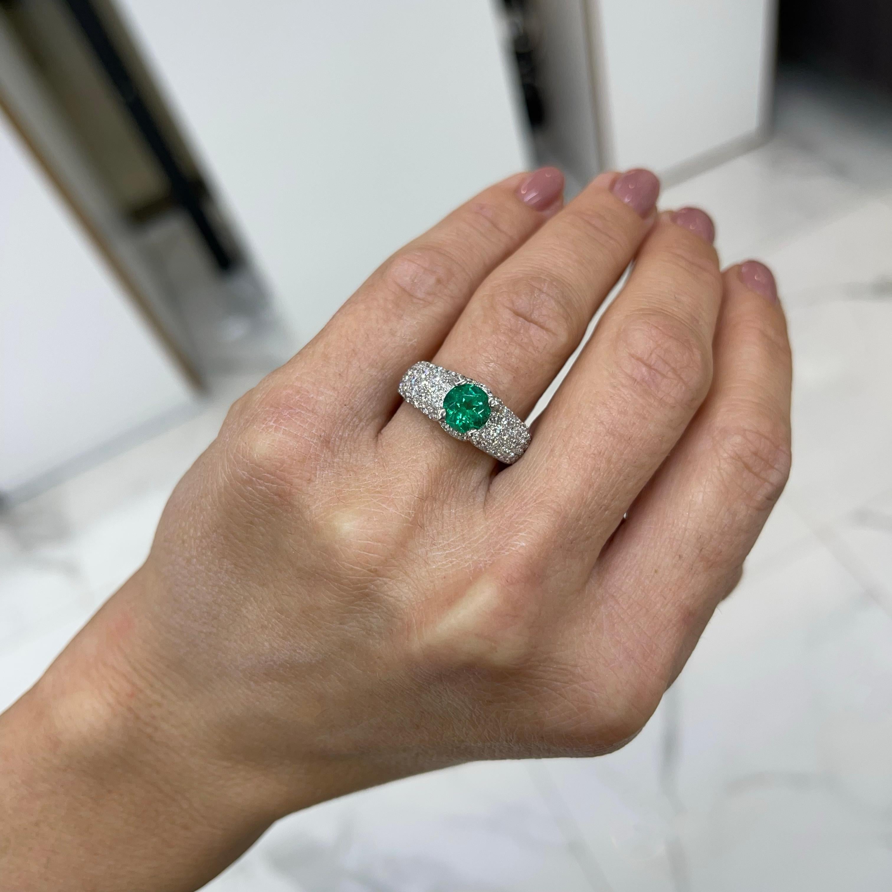 Ladies 18K White Gold 1.28CT. Emerald Pave Diamond Cocktail Ring For Sale 3