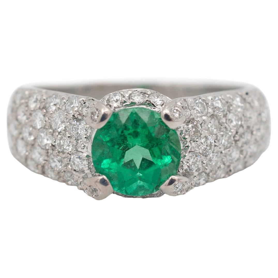 Ladies 18K White Gold 1.28CT. Emerald Pave Diamond Cocktail Ring For Sale