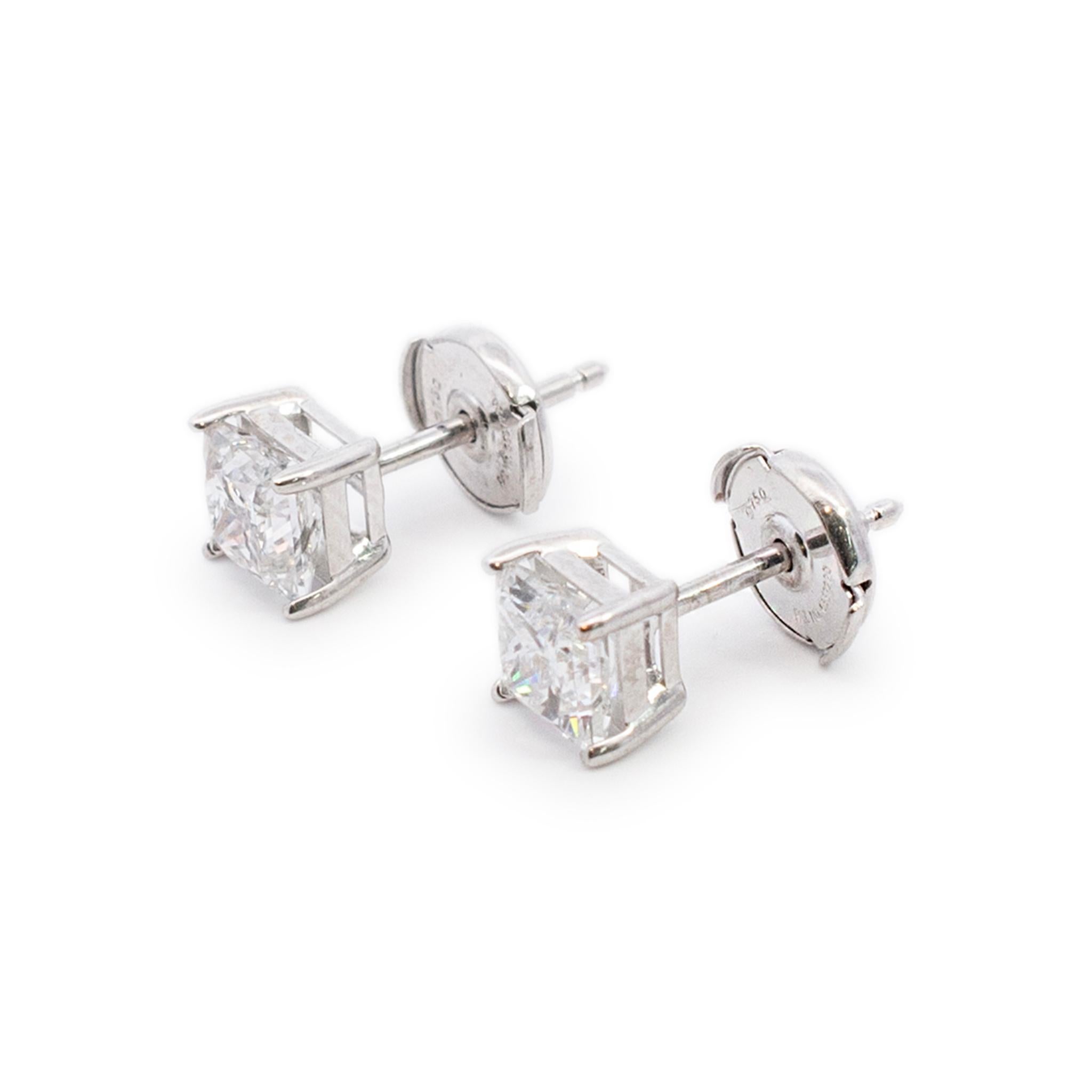 Ladies 18K White Gold 2.01ct. Princess Cut Diamond Stud Earrings For Sale 1