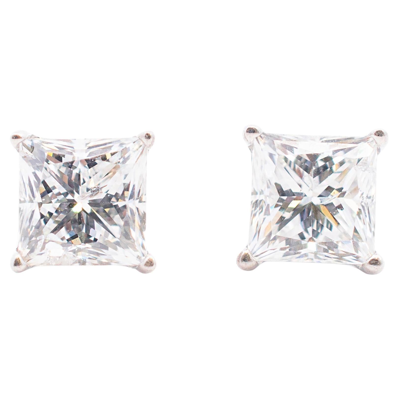 Ladies 18K White Gold 2.01ct. Princess Cut Diamond Stud Earrings