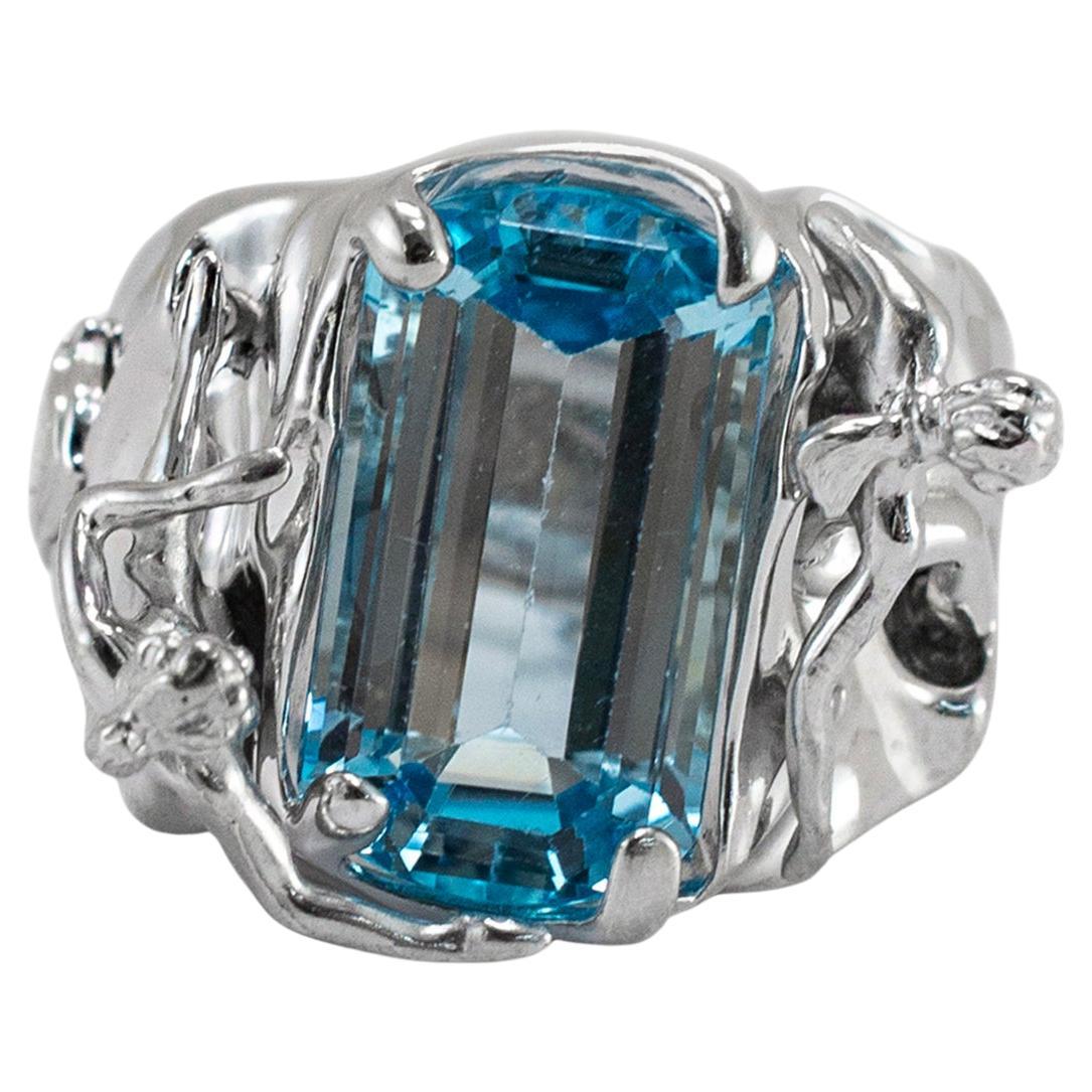 Ladies 18K White Gold 7.44ct Blue Topaz Gothic Cocktail Cuff Ring