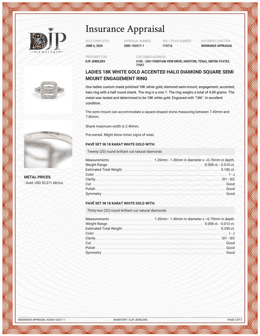 Ladies 18K White Gold Accented Halo Diamond Square Semi Mount Engagement Ring For Sale 2