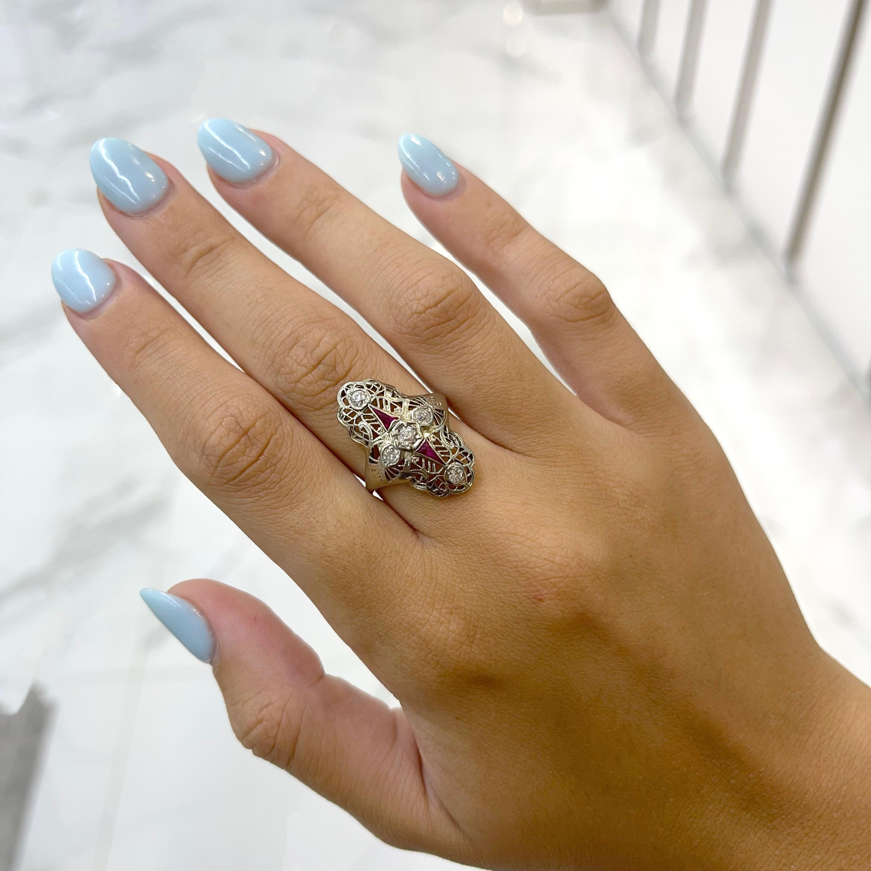 Ladies 18K White Gold Antique Art Deco Diamond Pink Sapphires Cocktail Ring 2